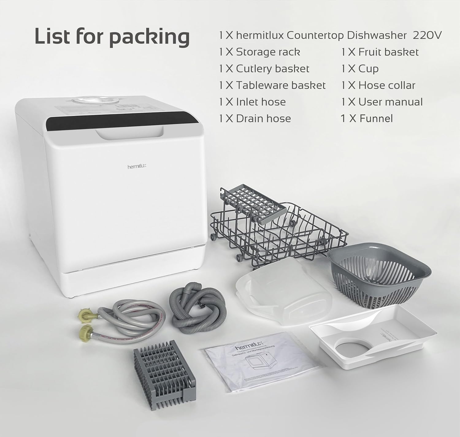 Hermitlux Table Top Dishwasher for 5 Place Settings (5L Tank), Countertop Dishwasher with 6 Programmes Including 360° Spray Arms | Hot - Air Drying | Energy Class D | No Installation - Image 8
