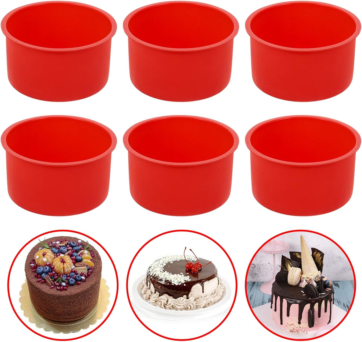 6 Pcs Silicone Cake Mould for Baking, 4 Inch Non-Stick Round Cake Pan Cake Tins Bakeware Baking Molds Tins for Mousse Muffin Pudding Cupcake Bread (Red)