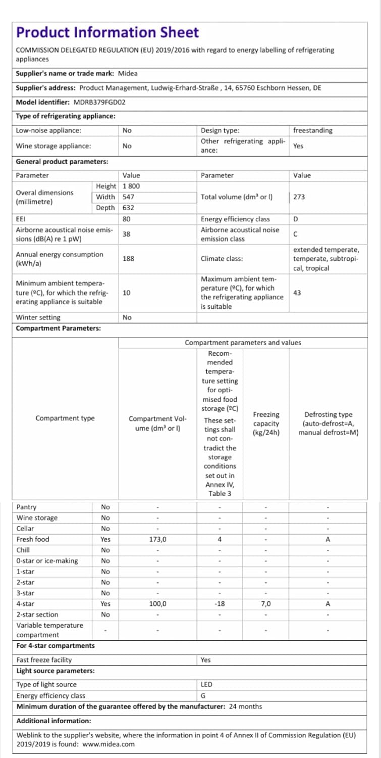 Midea MDRB379FGD02 273L 60/40 Freestanding Fridge Freezer, 173L Fridge, 100L Freezer, Frost Free, Fast Cool & Fast Freeze Mode, 54.7W x 63.2D x 180H cm, Stainless Steel - Image 11