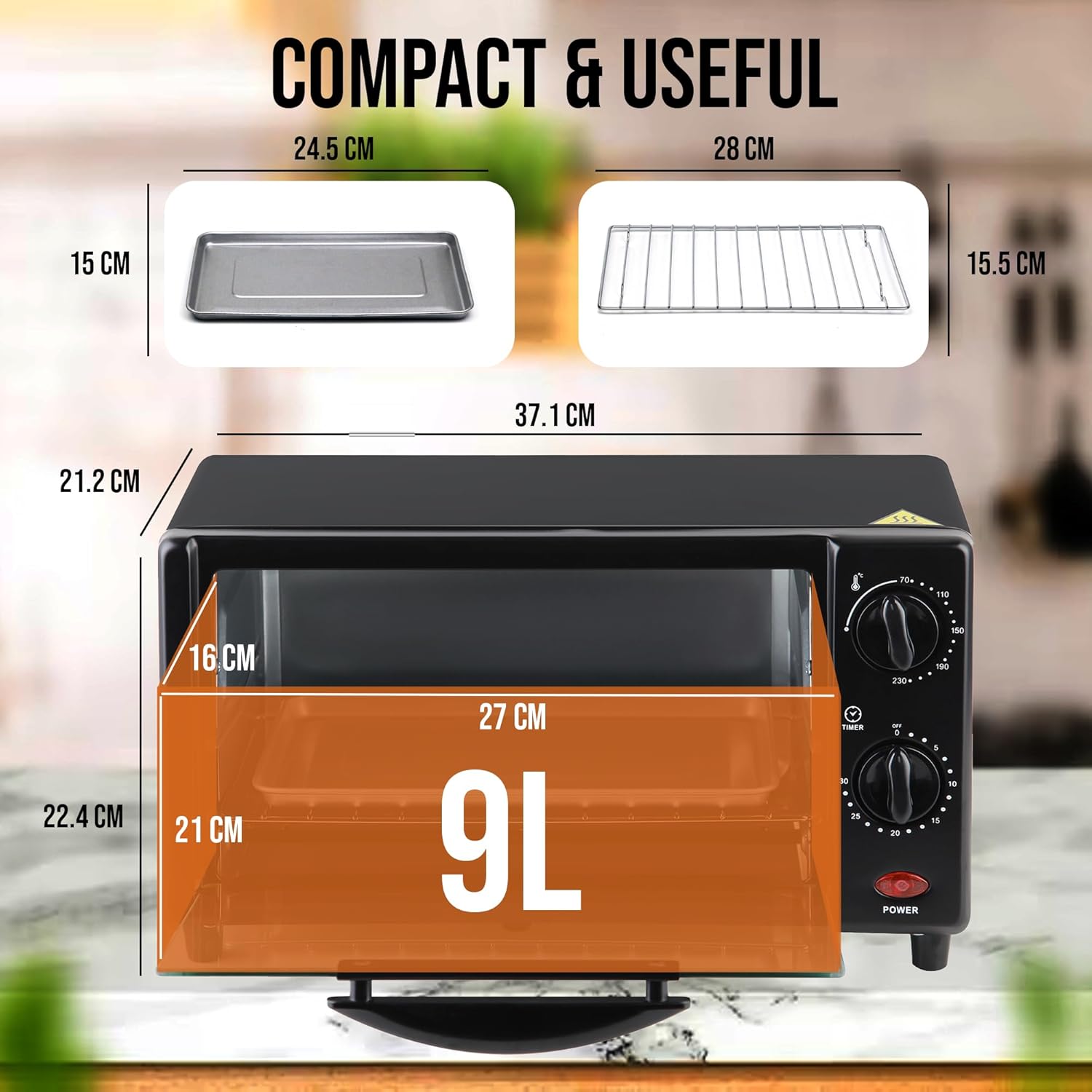 Belaco Mini 9L Toaster Oven Tabletop Cooking Baking Portable Oven 650w 100-250° Stainless steel heating tube incl. baking tray & wire rack - Image 8