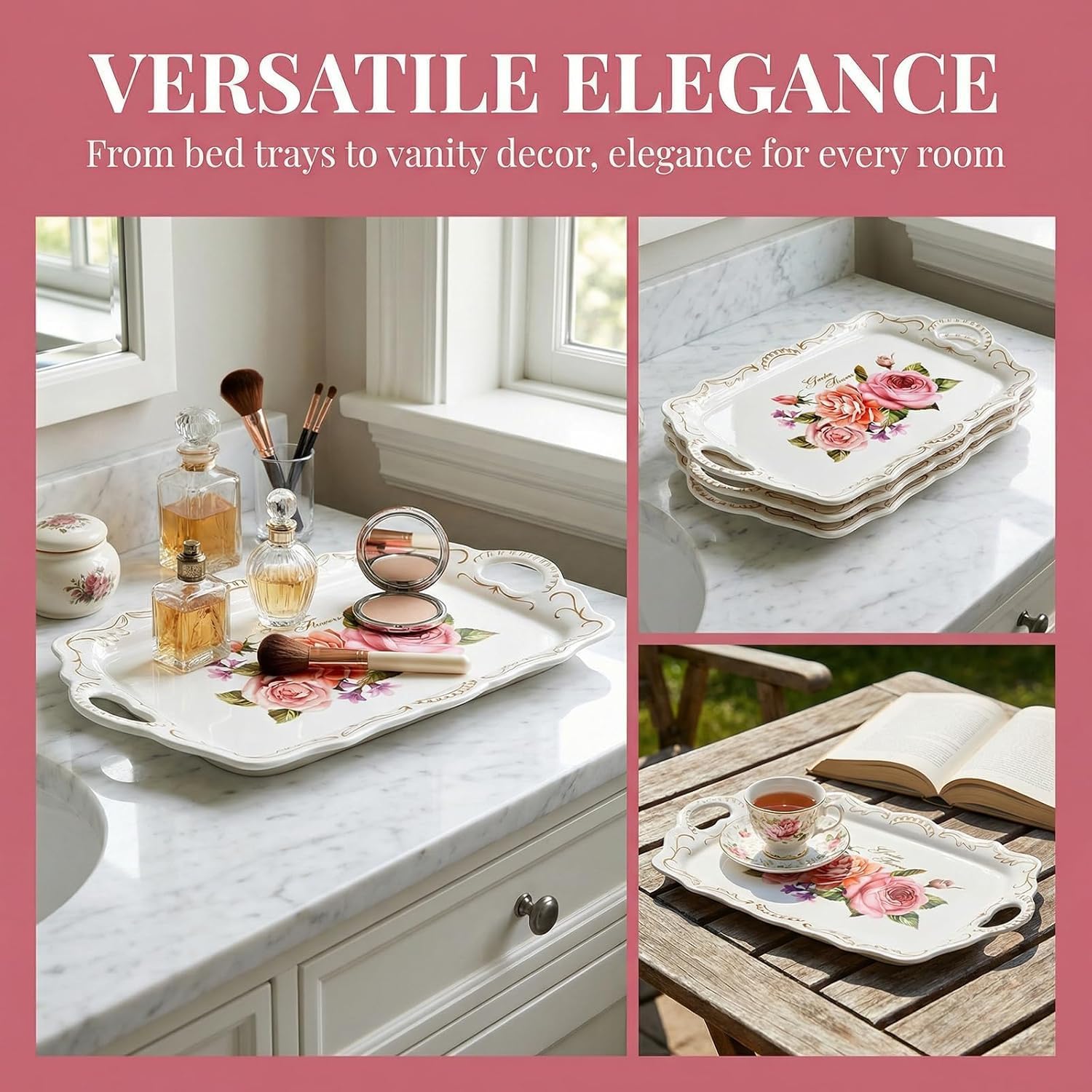 WUWEOT 3 Pack Serving Trays with Handles, Stackable Serving Platter BPA-Free Rectangle Food Tray Set with Flower Pattern for Home, Parties and Restaurants, Safe for Dishwashe - Image 5