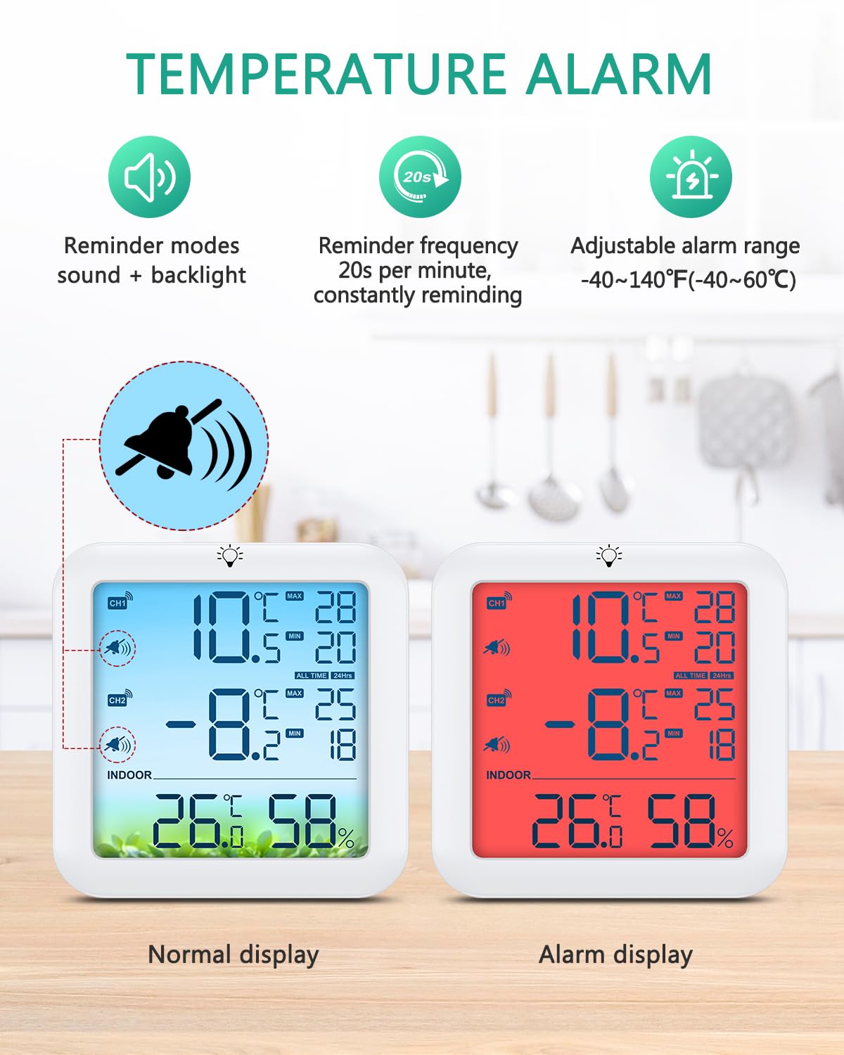 ORIA Wireless Fridge Thermometer, Digital Refrigerator Thermometer with 2 Sensors, Color Display, Max/Min Values, Alarm, USB/Battery Powered Freezer Temperature Sensor for Home - Image 4