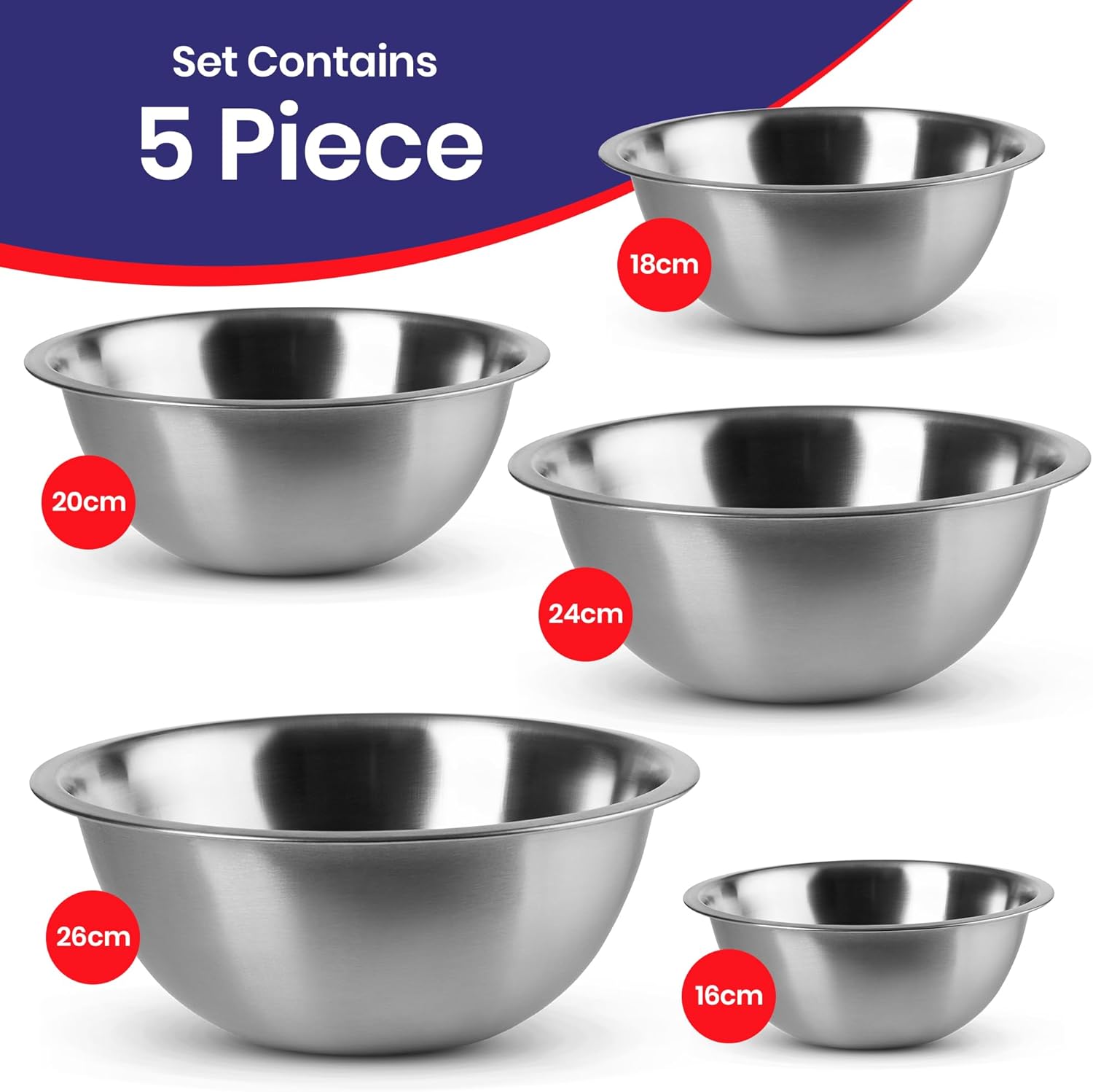 EVOKK Mixing Bowl Set 5 Stainless Steel Mixing Bowls (16,18, 20, 24, 26cm), Mirror Polished, Durable and Lightweight, Nesting Metal Mixing Bowls for Baking, Cooking & Food Prep, Dishwasher Safe - Image 2