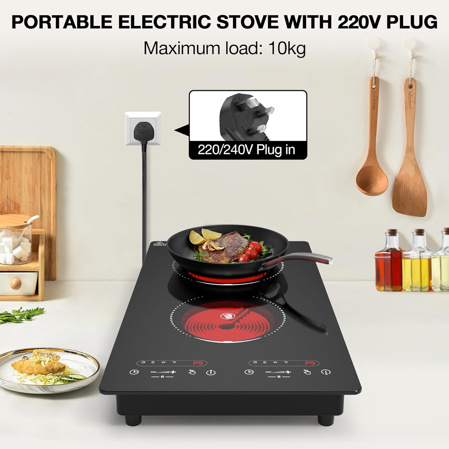 VBGK Double Ceramic Hob 3000W, Plug in 2 Ring Electric Hob with LCD Touch Control, Electric Cooktop with Safety Lock & Timer, 9 Power Levels, Built-in and Countertop 220V-240V - Image 8