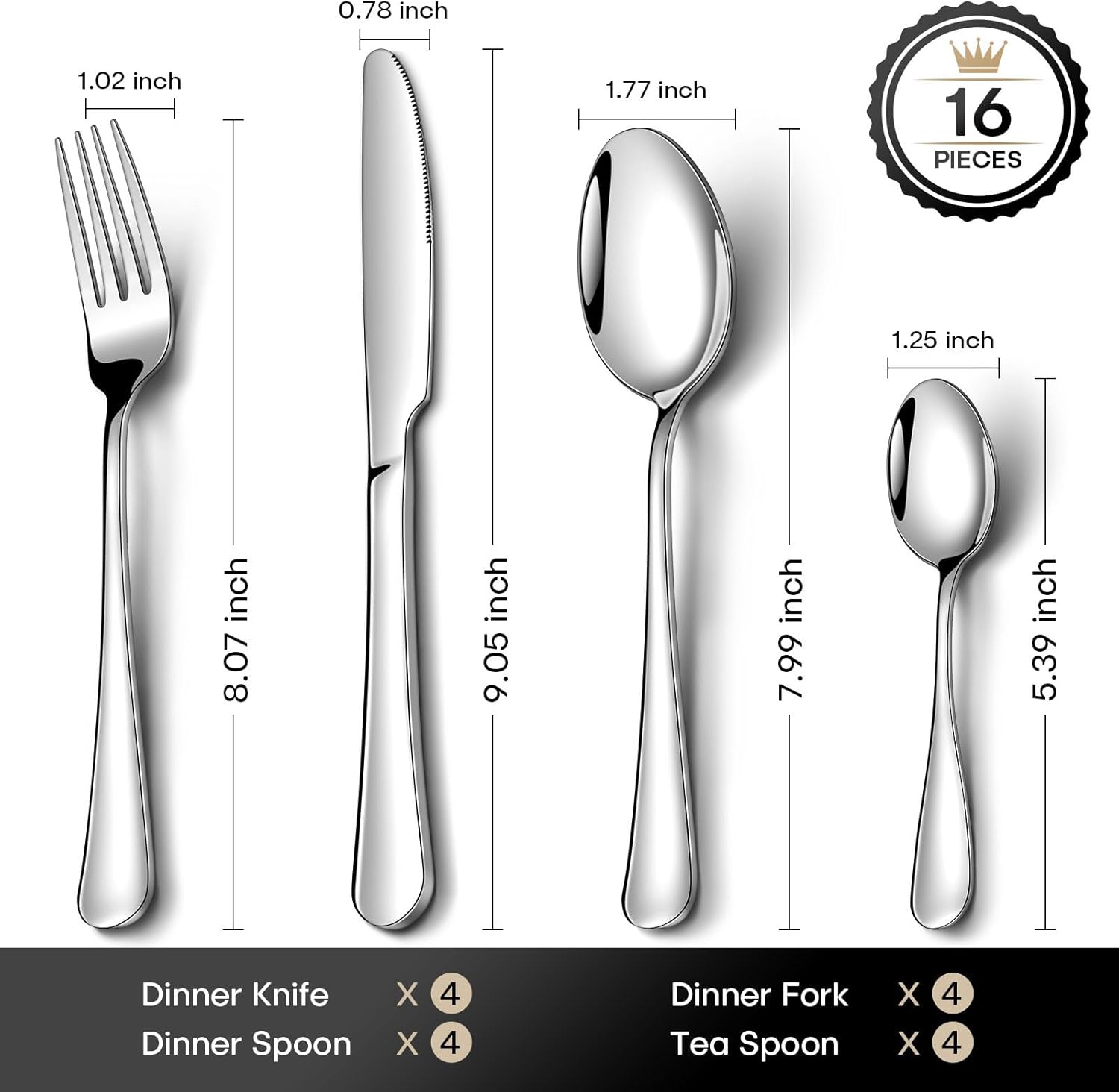 Cutlery Set, NINIROR 16 Piece Food-Grade Stainless Steel Flatware Set Silverware Set for 4 People Include Spoon Knife and Fork Sets Mirror Polished Dishwasher Safe for Home Restaurant Modern Design - Image 3