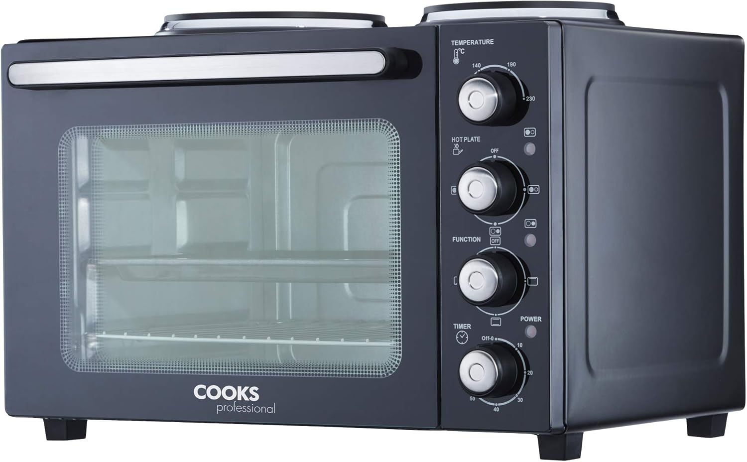 Cooks Professional Mini Portable Oven with Hobs | Energy Efficient Electric Countertop Cooker with Two Hot Plate Hobs & Wire Rack Baking Tray | Kitchen Table Ovens | 34L Capacity | Black and Silver - Image 7