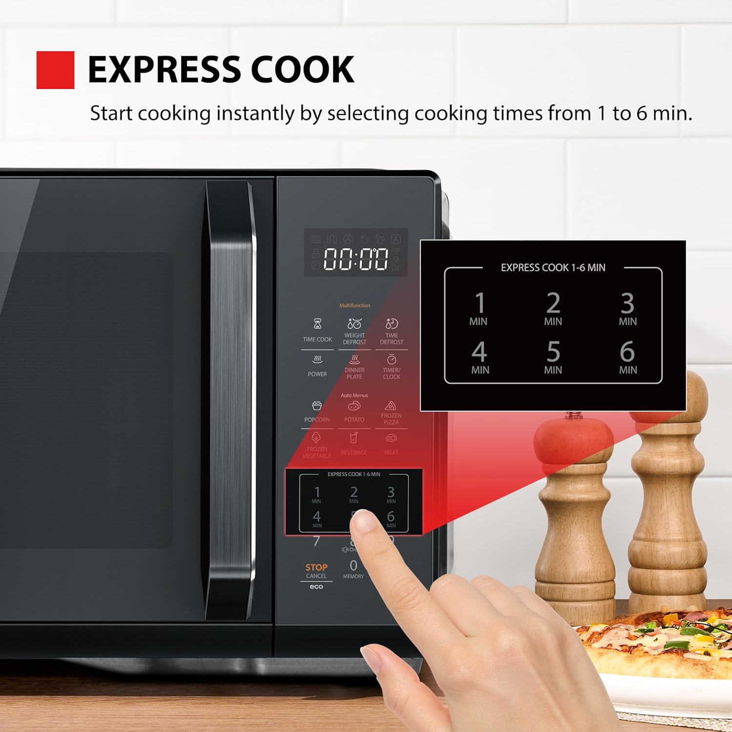 Toshiba Black Mirror Microwave 900w 23L Microwave Oven with Digital Display, Solo, Auto Defrost, One-touch Express Cook with 11 Power Levels, 7 Auto Menus, Perfect for 10'' pizza, MW3-EM23PF(MB) - Image 6