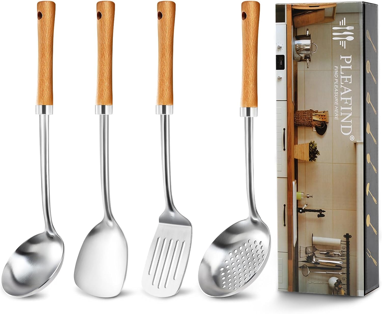 Pleafind Cooking Utensils Set - Stainless Steel Kitchen Utensils Set with Wooden Handle, 4 Pcs Utensils Set Include Wok Ladle, Slotted Spoon, Wok Spatula and Slotted Spatula