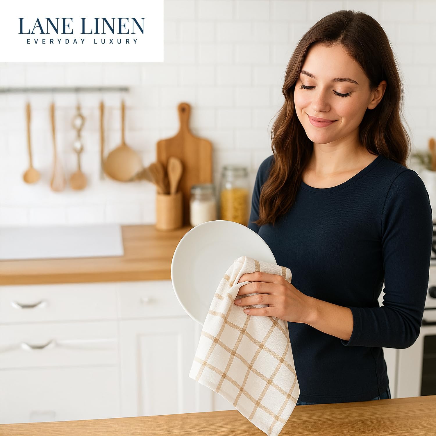 LANE LINEN Tea Towels Set - 6 Pack, 18”x28”, 100% Cotton Kitchen Towels, Absorbent & Quick-Drying Dish Towels Set with Hanging Loop - Beige - Image 8