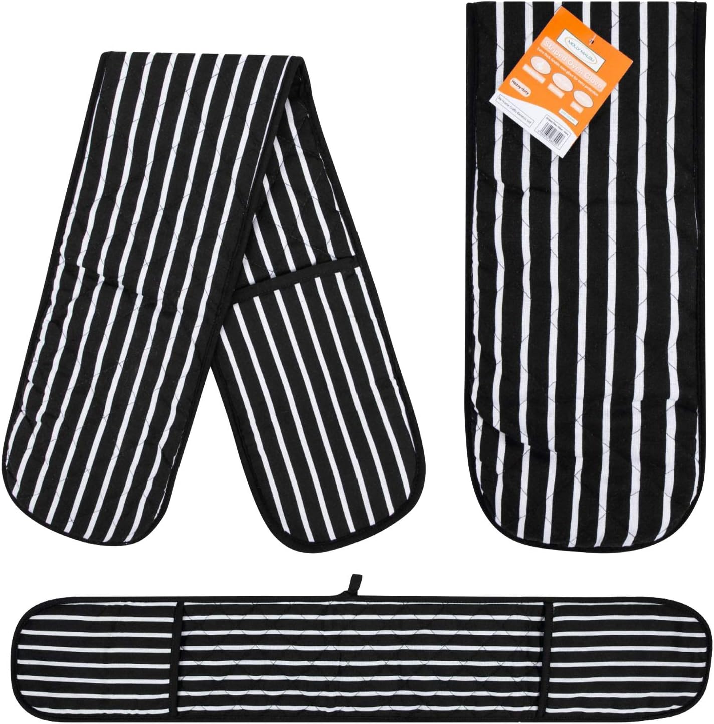 Double Oven Gloves Butcher Quilted Stripe Pot Holder Heat Resistant Mitt 100% Cotton (Black)