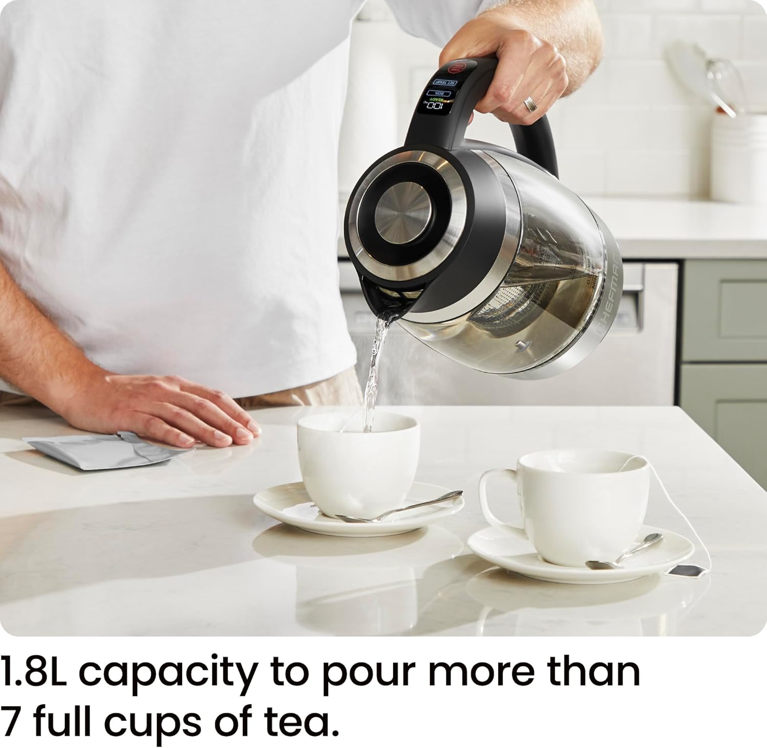 Chefman Electric Kettle for Boiling Water, 1.8L 1500W, Hot Water in 3 Minutes, LED Lights, Auto Shut-off, Boiling and Drying Protection, Glass Electric Kettle (Temperature Control) - Image 6