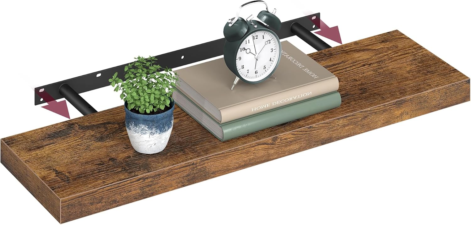 VASAGLE Wall Shelf, Floating Shelf, Hanging Shelf, for Books, Photos, Decoration, 80 x 20 x 3.8 cm, MDF for Living Room, Kitchen, Entrance, Bedroom, Bathroom, Rustic Brown LWS28BX