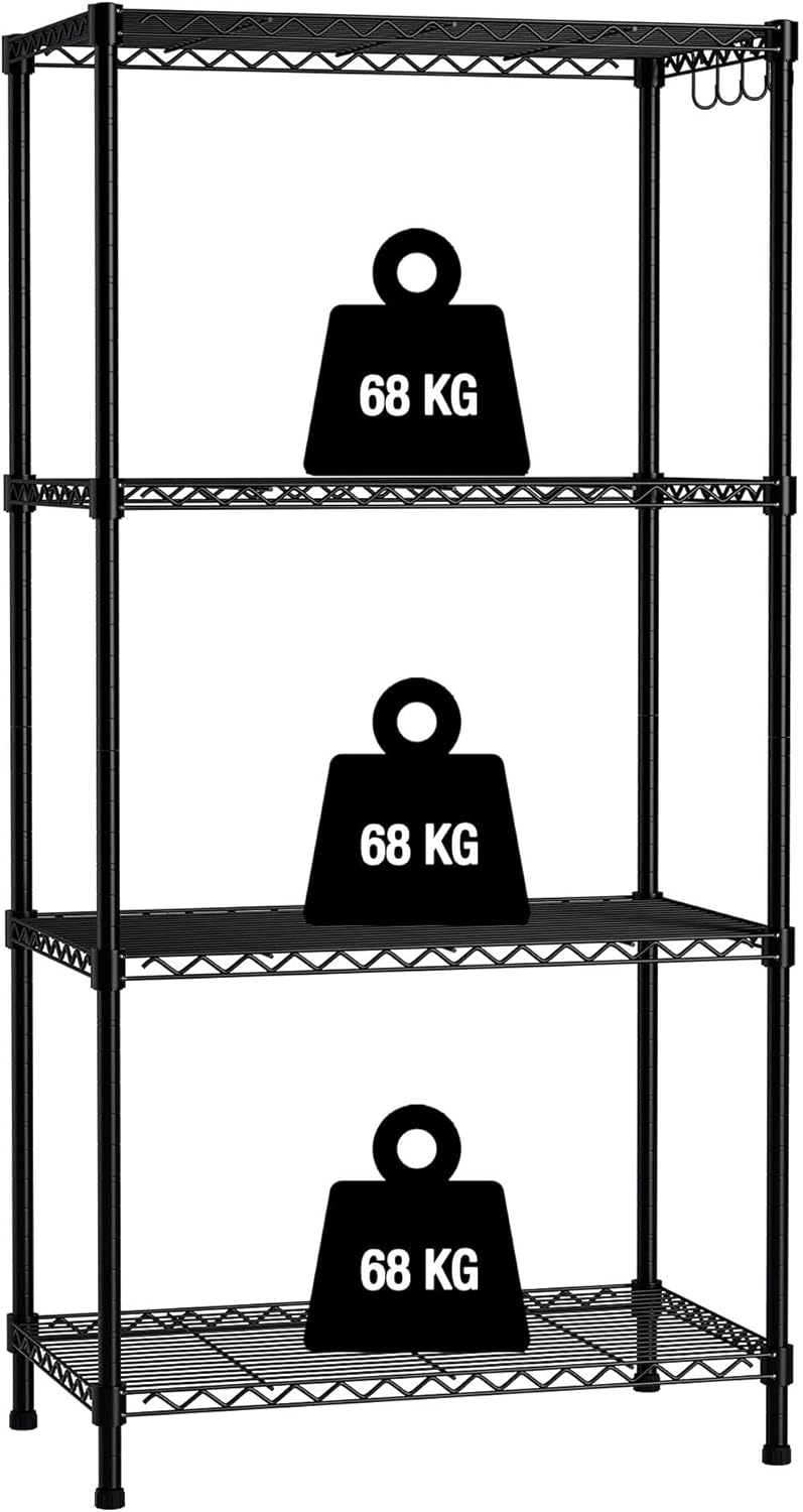 WORKPRO 4-Tier Metal Shelving Unit with 4 Hooks, Height Adjustable Storage Unit with Leveling Feet, Free-Standing Shelf Unit, 272 kg Max Weight, For Kitchen, Bathroom, Living Room, Garage, Pantry
