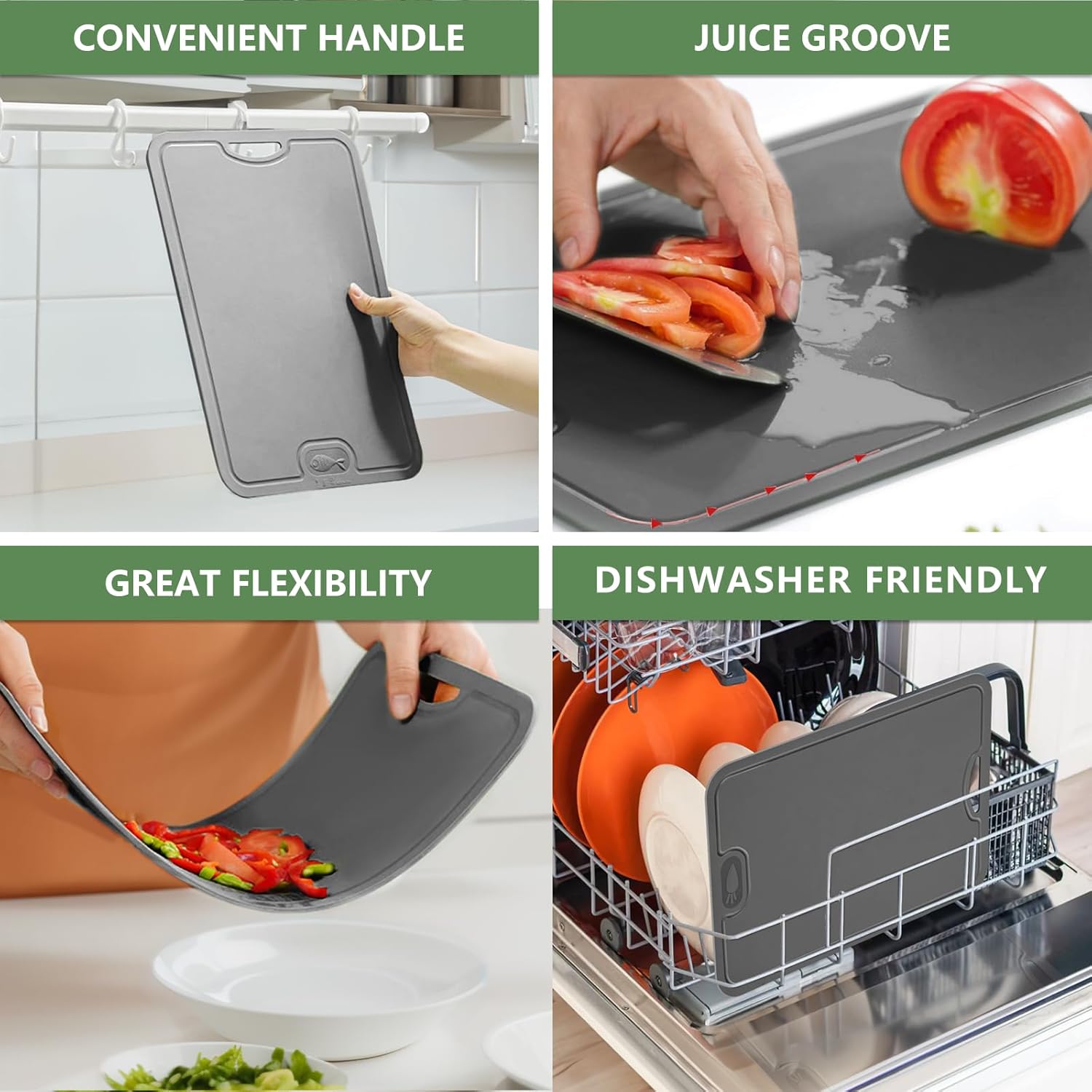 Gintan Flexible TPU Chopping Board, BPA Free with Knife and Juice Groove, Scratch Resistant Flexible Chopping Boards for Kitchen, Dishwasher Safe, Grippy Handle, Non-Slip(M-Dark Grey + S-Green) - Image 5