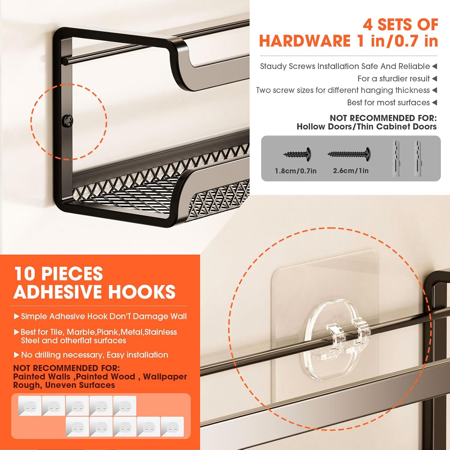 Spice Rack Wall Mounted 4 Pack, Inside Cupboard Spice Organiser with Moveable 4 Hooks, Adhesive and Screws – Seasoning Organizer for Kitchen Door Storage(Black) - Image 4