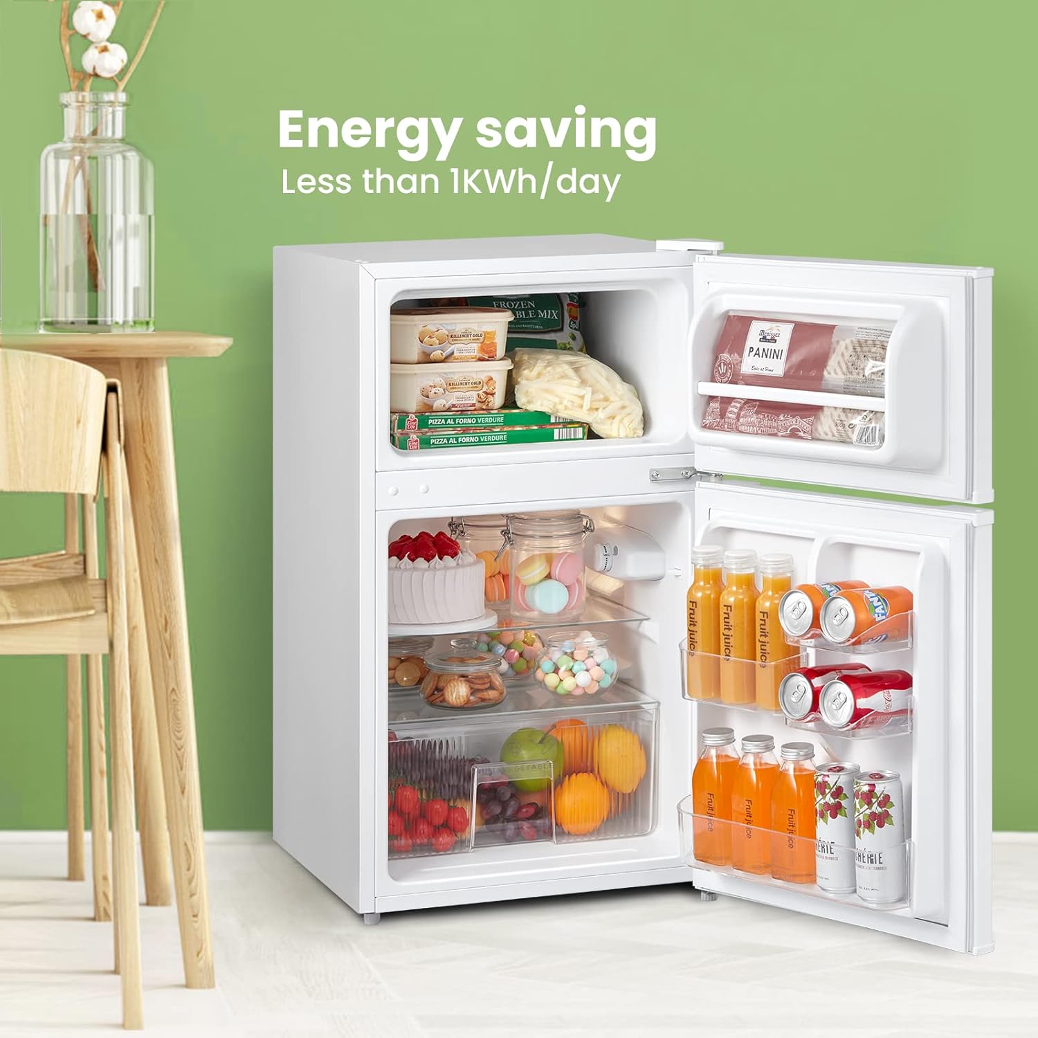 COMFEE' RCT87WH2(E) Under Counter Fridge Freezer, 87L Small Fridge Freezer with Light, Removable Shelves, Adjustable Thermostats, Reversible Doors, White - Image 5