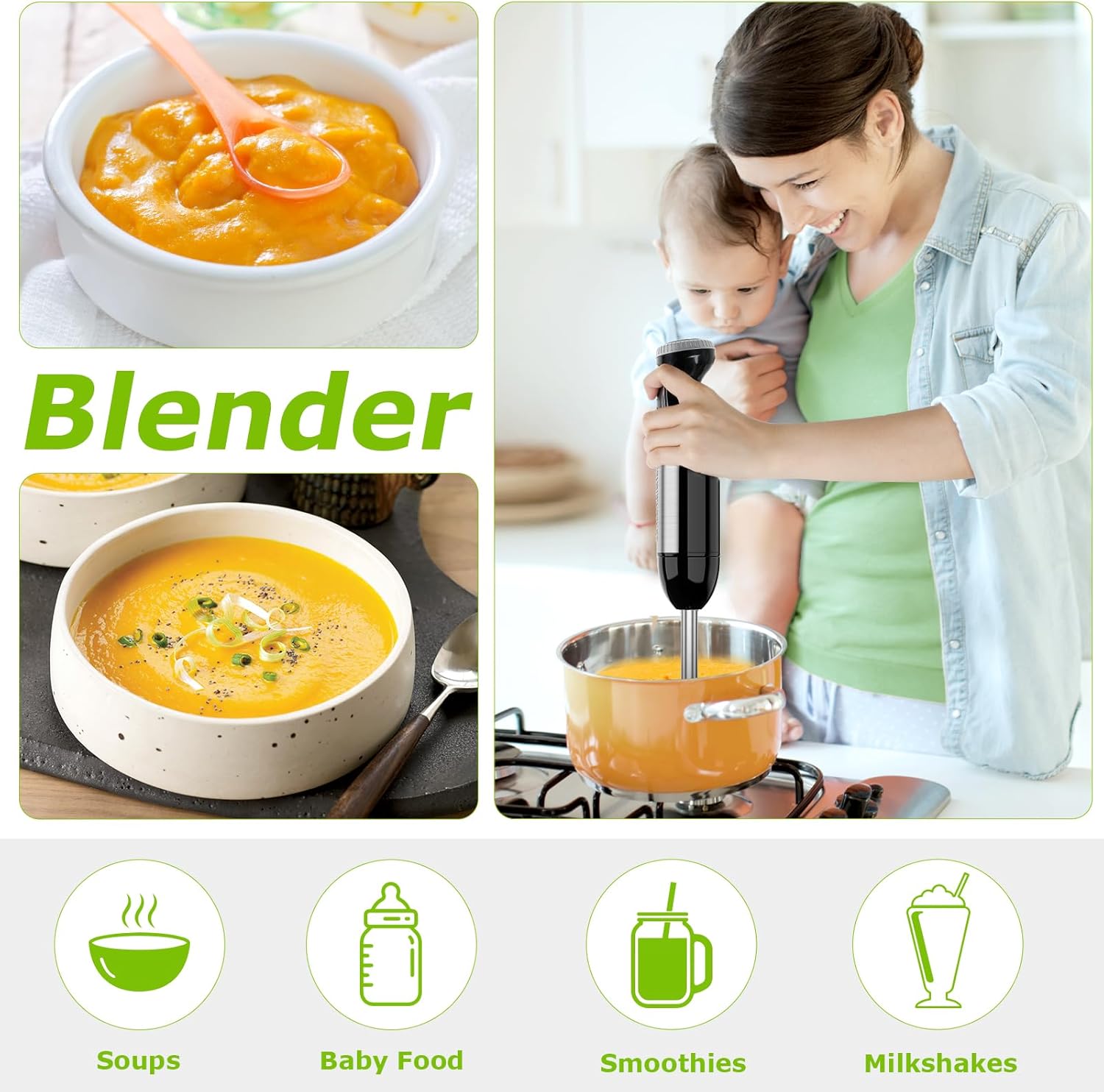 Bonsenkitchen Stainless Steel Hand Blender, 4-in-1 Stick Blender 1000W, 20 Speed Adjustable, with Whisk, 500ml Chopper and 700ml Measuring Cup, Food Processor (HB3203) - Image 3