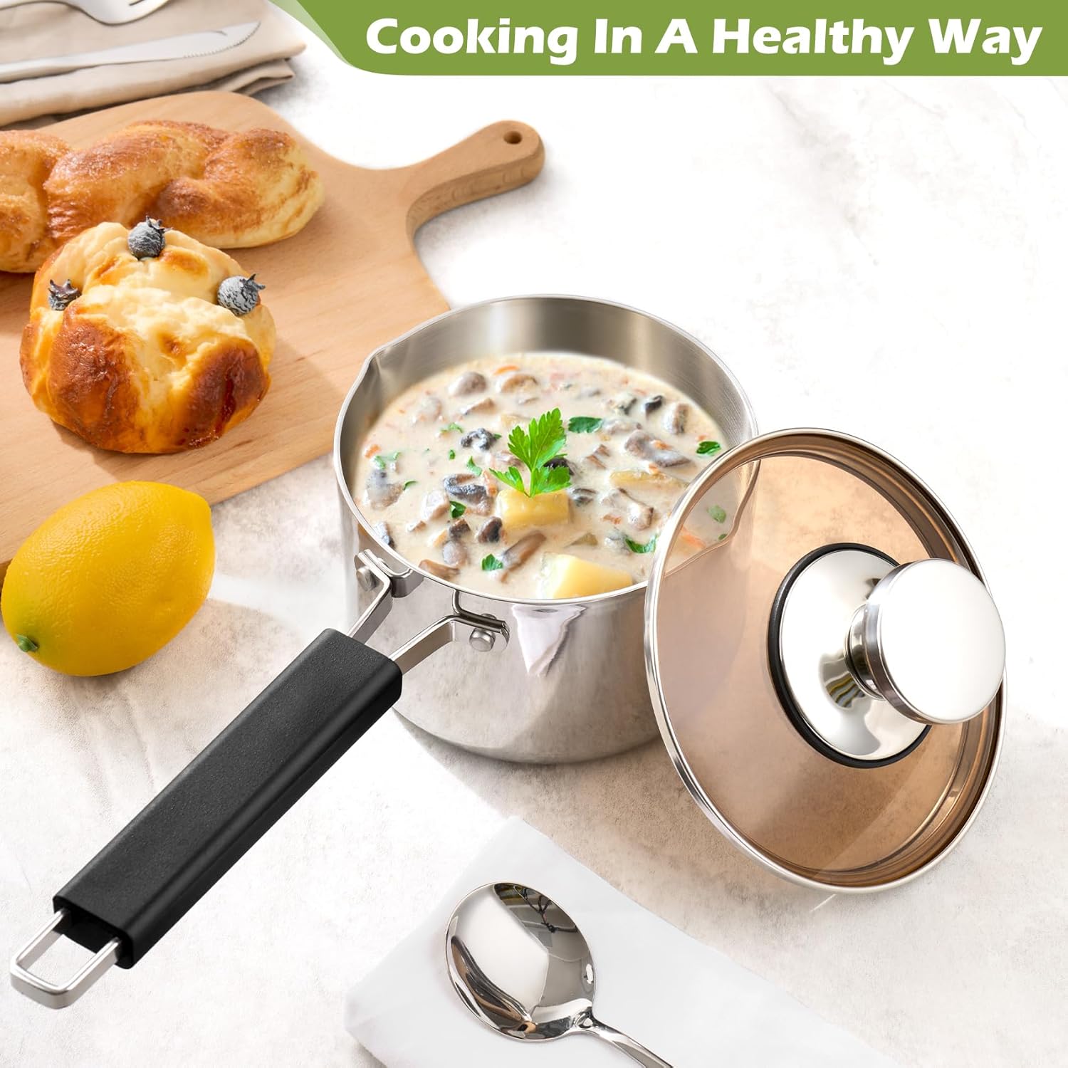 Homikit 14cm Tri-Ply Saucepan, Stainless Steel Milk Cooking Pan with Small Pouring Lips & Glass Lid, Suitable for Induction, Gas & Electric Hobs, Healthy, Mirror Finished & Easy Clean - 1 L - Image 6
