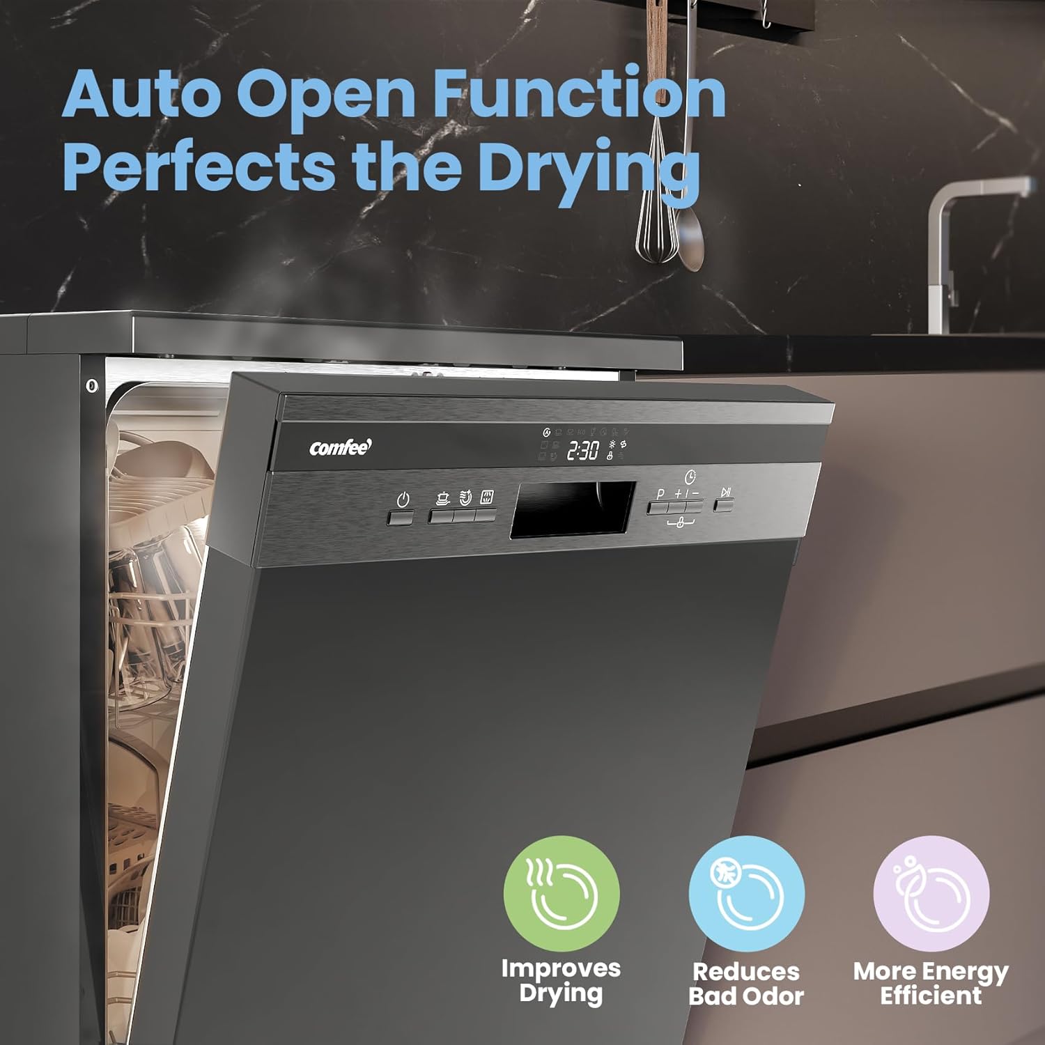 COMFEE' Freestanding Dishwasher CDWEF1435EBC-UK with 14 place settings, Full Size, Whisper Quiet 44dB, Wide LED Display, Delay Start, Half Load Function, Flexible Racks, Black - Image 6