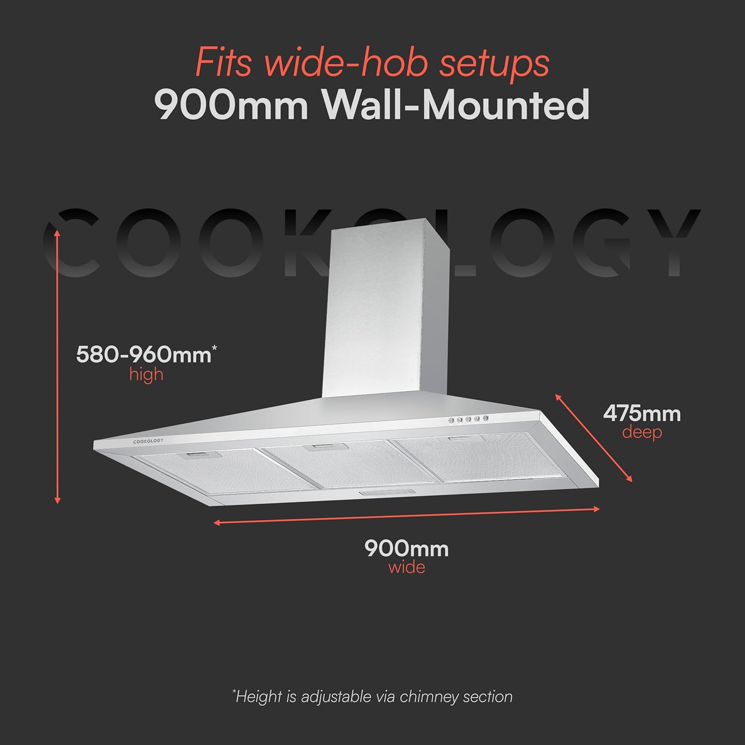 Cookology CH900SS/A 90cm Chimney Cooker Hood Extractor Fan, Energy A Rated, 3 Speed 450m3/hour, LED Lights, Wall Mount Range Hood - in Stainless Steel - Image 4