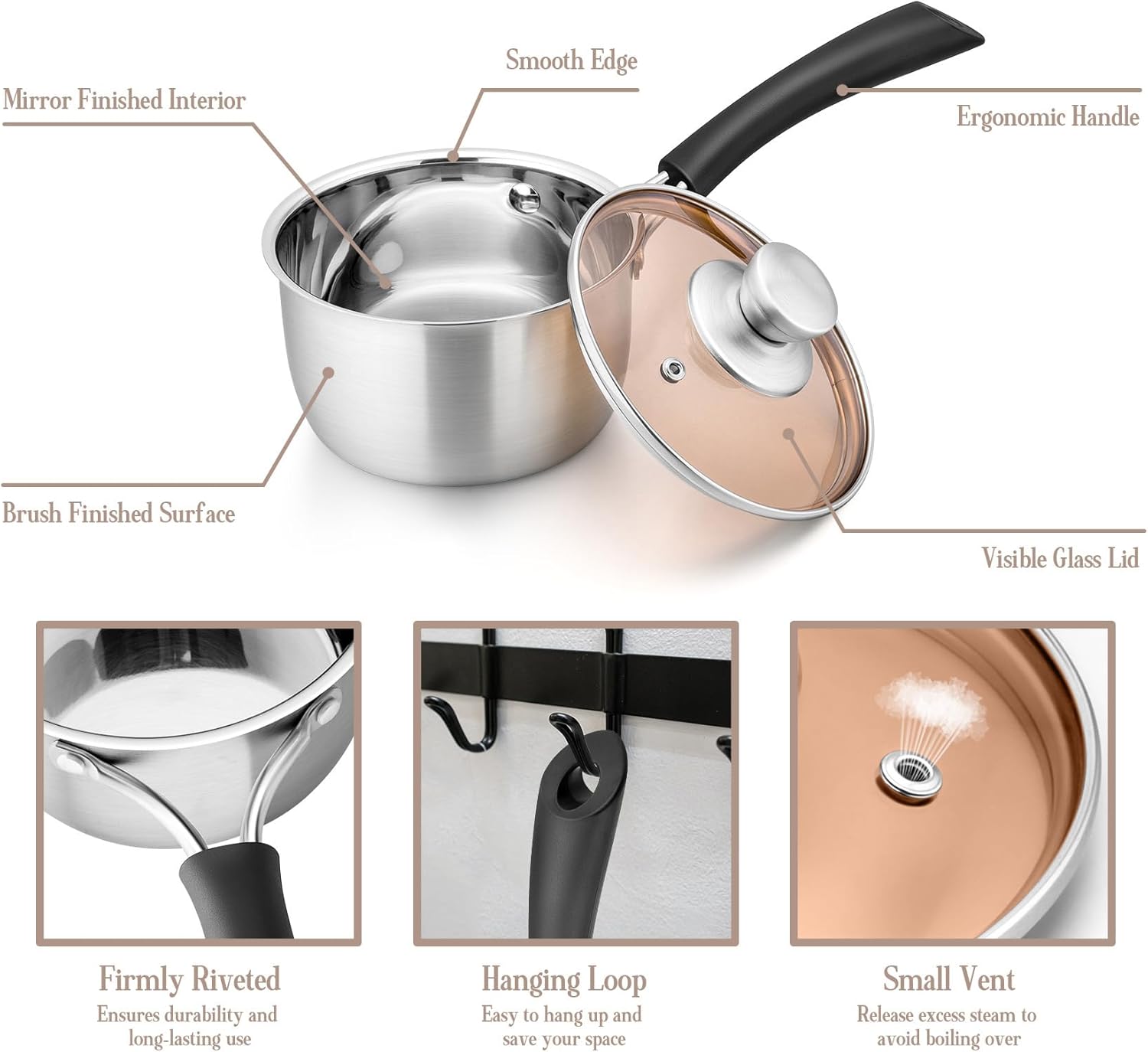 Onader 14cm Saucepan, Stainless Steel Sauce Pot with Glass Lid, Small Milk Cooking Pan with Heatproof Handle for Kitchen Restaurant Cooking, Healthy & Easy Clean - Image 3