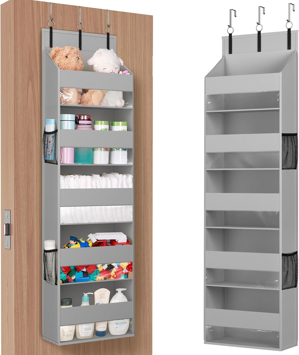 Lifewit Over the Door Storage, Clear Hanging Organiser with 4 Side Pockets, Anti Tilt 40 lbs Load Behind Door for Dorm, University Essentials, Room, Bedroom, Nursery, Light Grey, 5 Shelf, 1 Pack