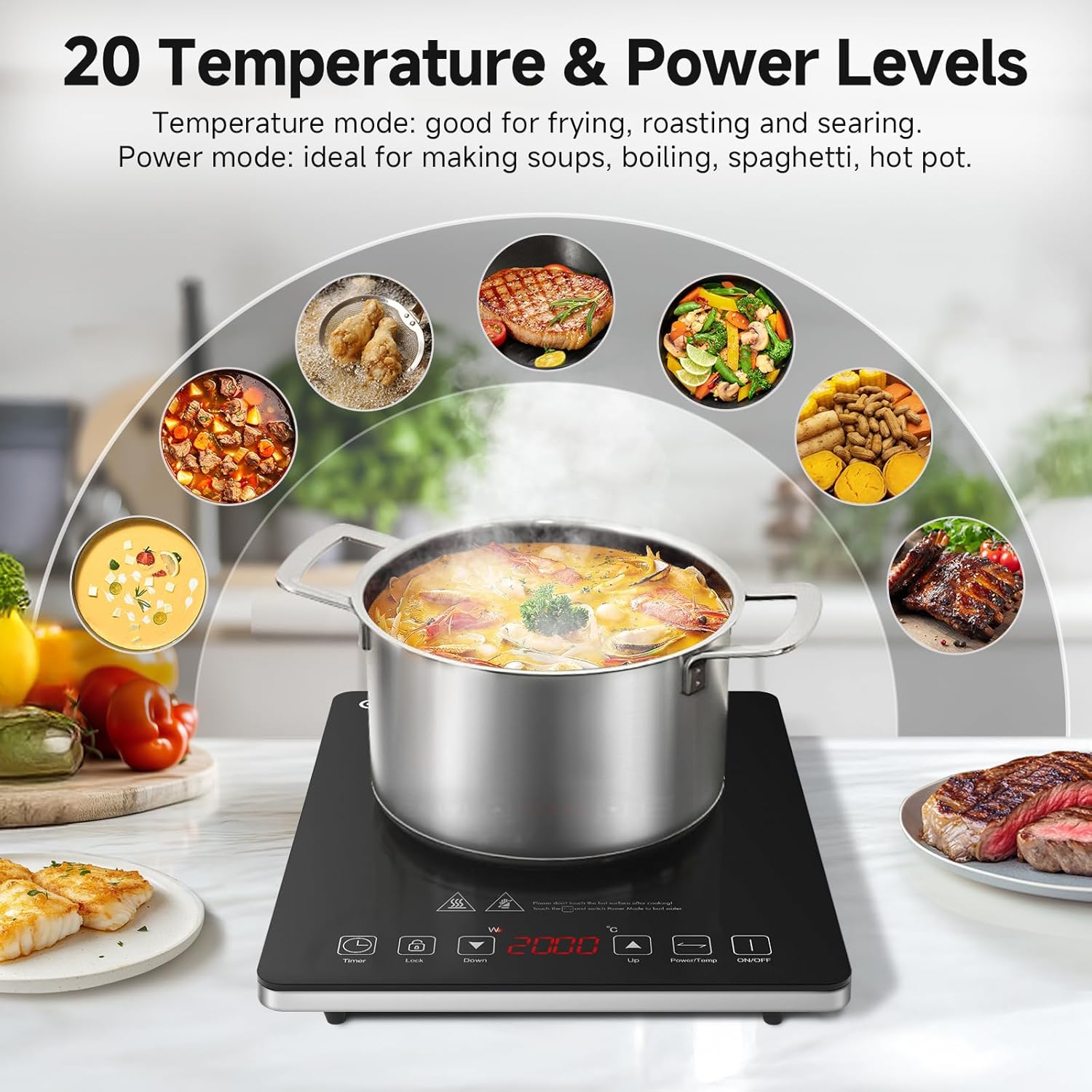 AMZCHEF Single Induction Cooker, Ultra-thin Induction Hob with Fashion Look, 10-level Power and Temperature Control, Black Frosted Glass Panel, Touch Sensor, 3-hour Timer, Safety Lock - Image 3
