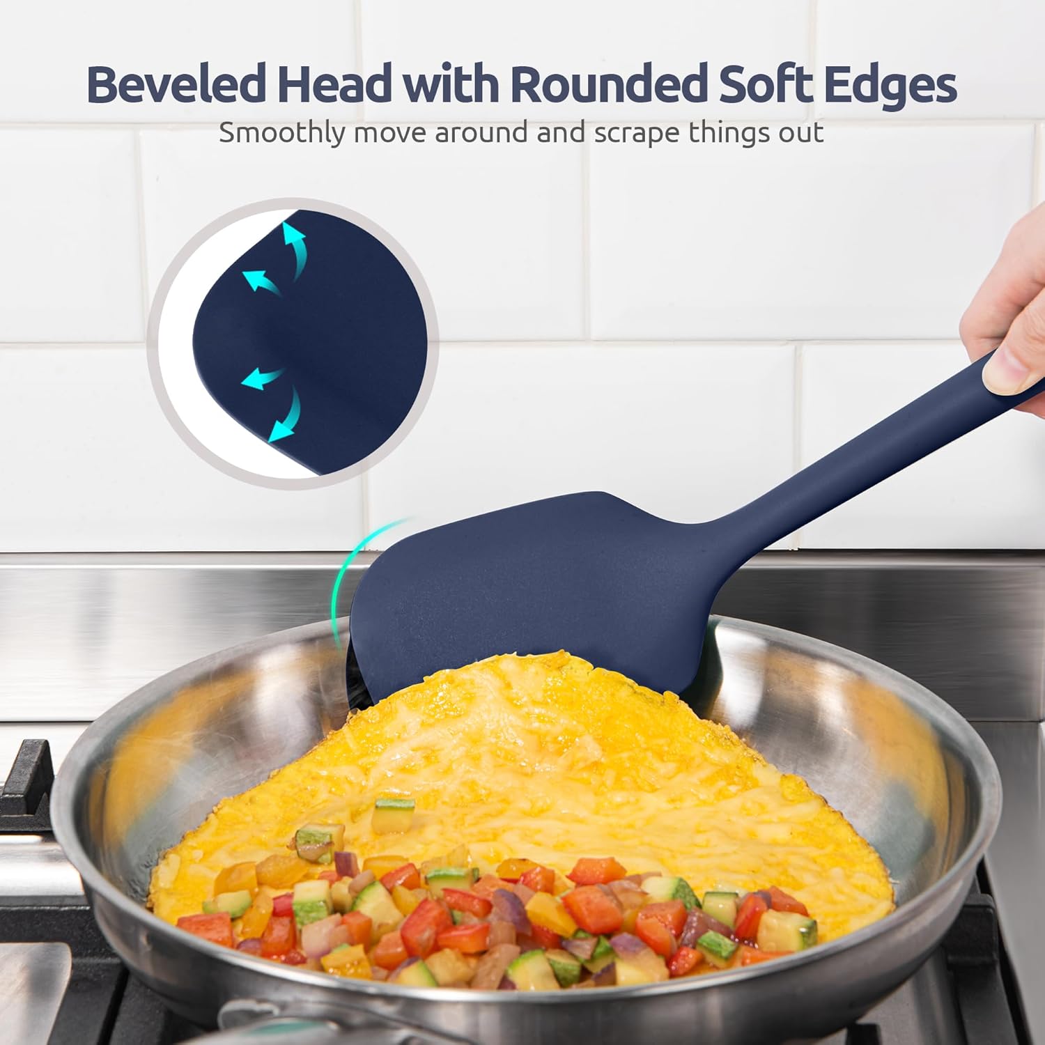 U-Taste Extra Long Silicone Kitchen Utensils, 5 Pcs 315℃ Heat Resistant Food Grade Cooking Tools Non-Stick Silicone Spatula Turner Spoon for Mixing Serving Frying Stirring Draining (Midnight Blue) - Image 8