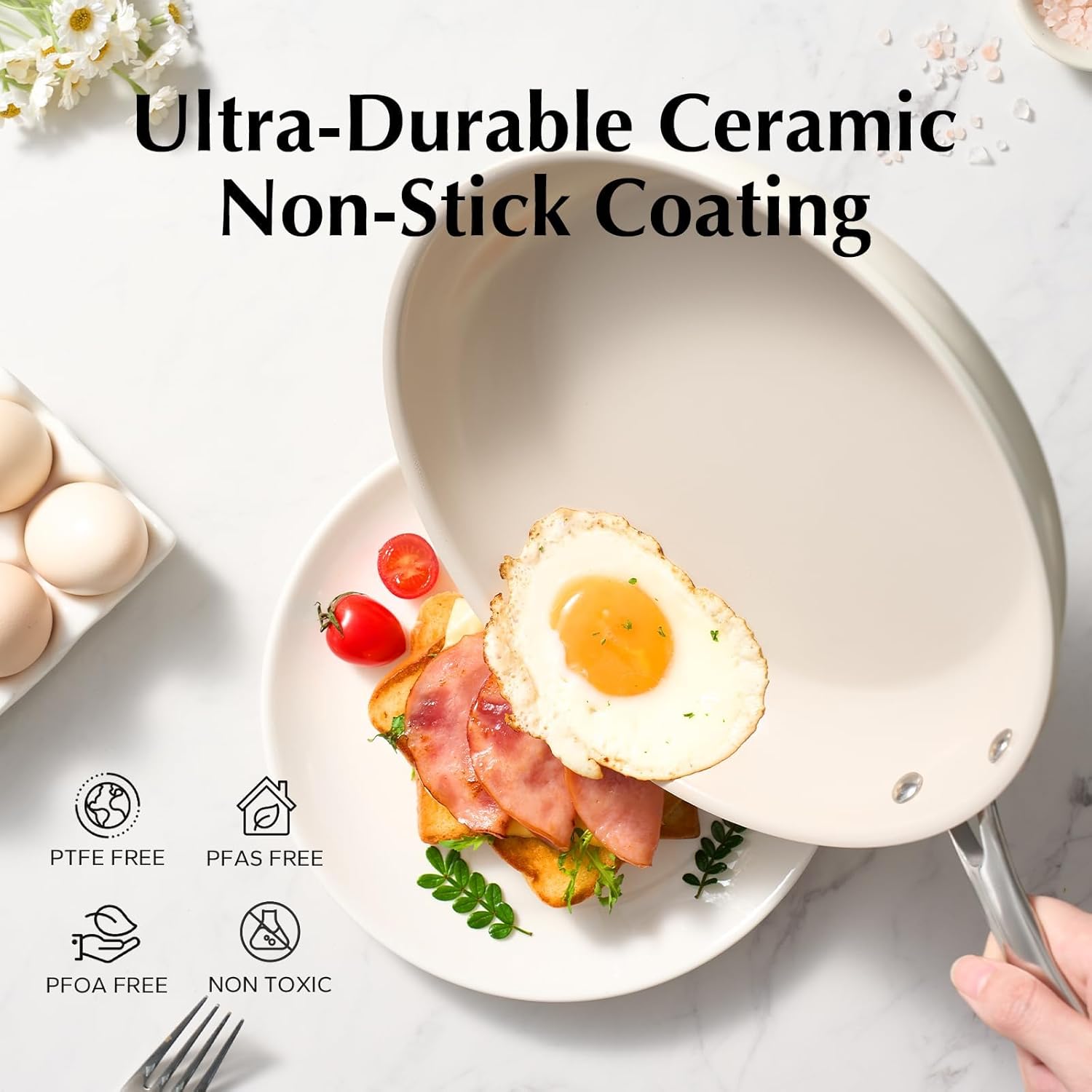 Redchef Non Stick Frying Pan Set, Ceramic Pan 20 24 28cm, Skillet Set 8-11" for Cooking with Stainless Stay Cool Handle, No PFAS & PTFE & PFOA, Oven Safe (Beige) - Image 2