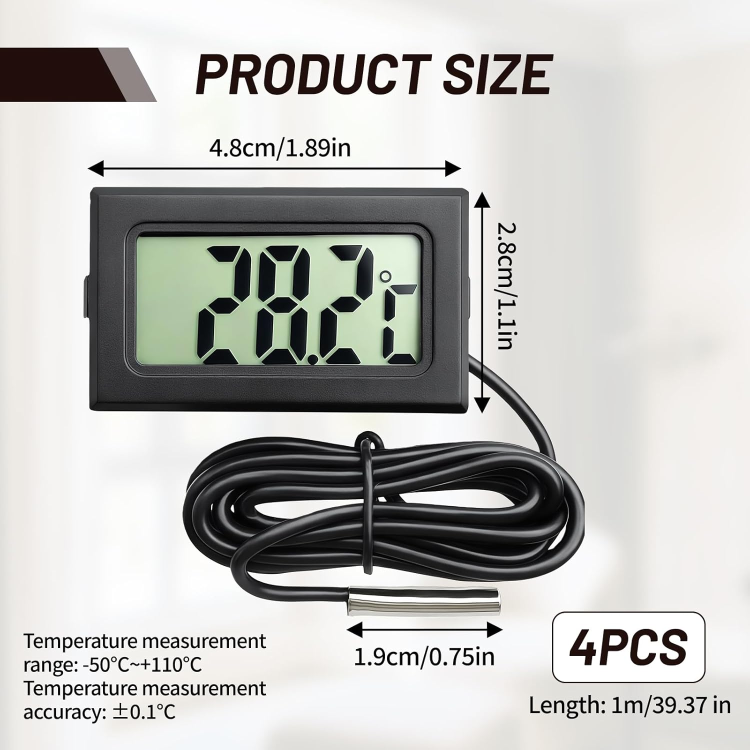 Digital Thermometer with External, 4 Pcs Water Thermometer Digital with LCD Monitor Aquarium Thermometer for Kitchen Home Fridge Freezer Aquarium Refrigerator Cold Storage Black (-50°C To 110°C) - Image 2
