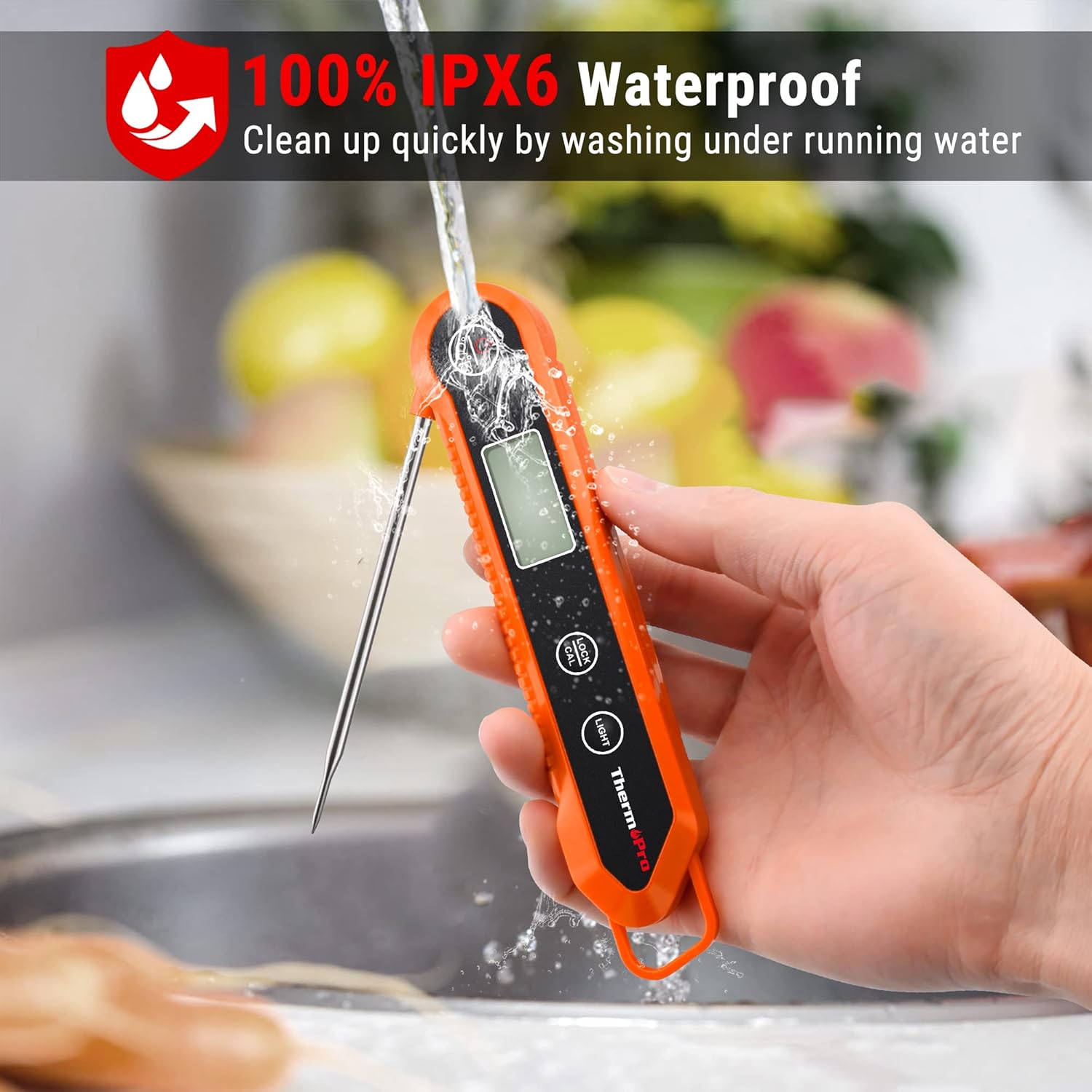 ThermoPro TP03H Meat Thermometer with IPX6 Waterproof, Food Thermometer Foldable Food Temperature Probe with LCD Backlight Calibration Lock Fuction, Kitchen Digital Instant Read Probe for Oil Jam Milk - Image 3