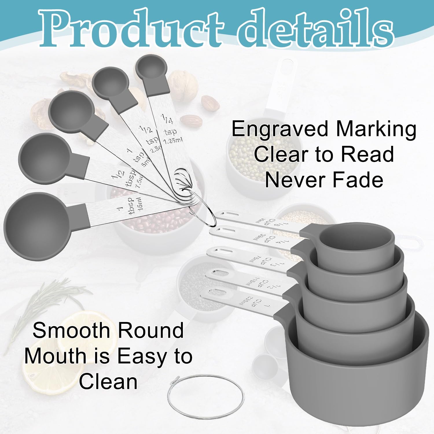 10PCS Measuring Cups and Spoons Set – Stackable, Engraved Measurements – Kitchen Cooking Tools for Dry & Liquid Ingredients – Baking Measuring Spoon Set – Dishwasher Safe - Image 3