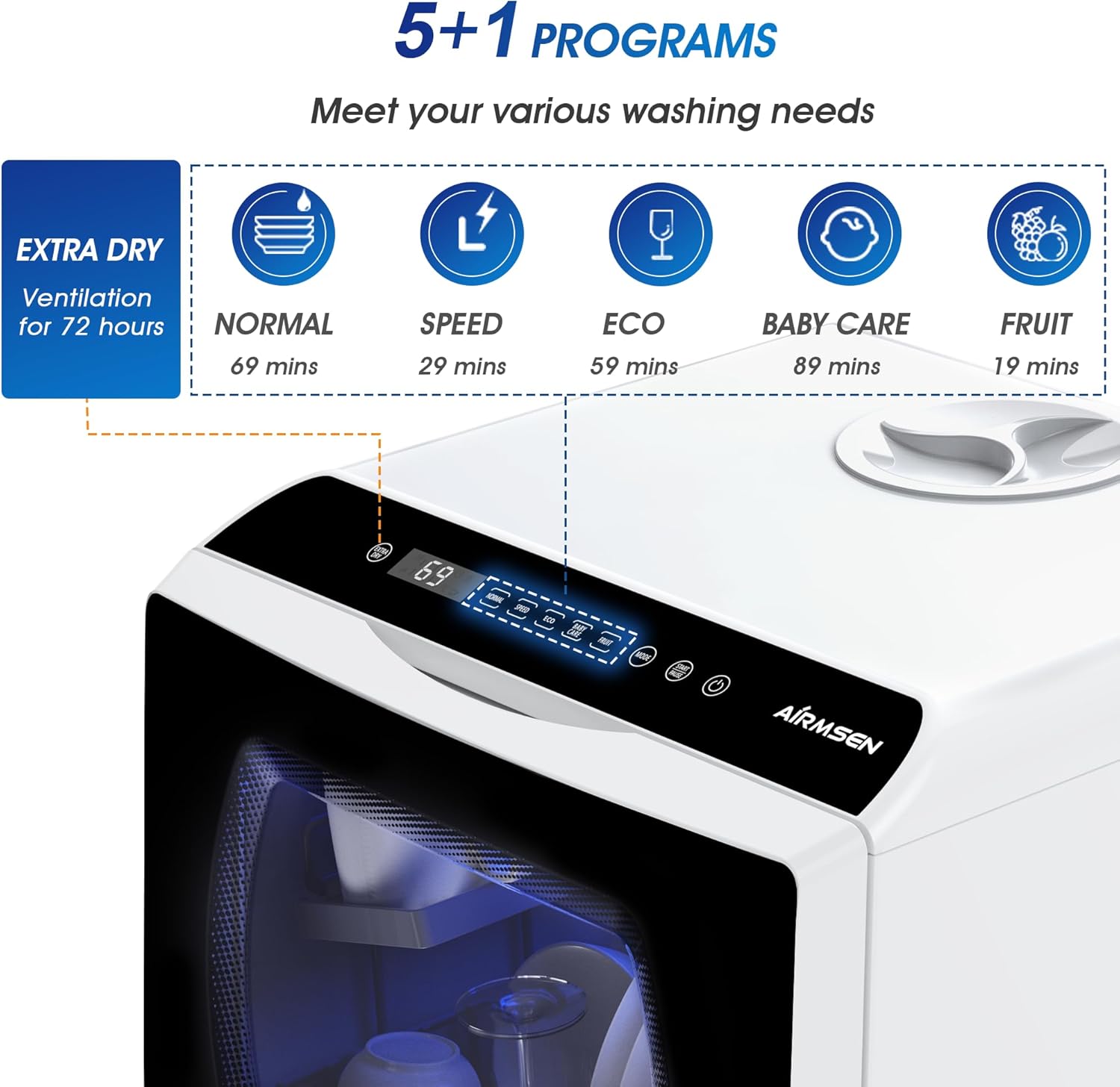 AIRMSEN Mini Table Top Dishwasher - Upgraded 6 Programs Portable Countertop Dishwasher No Plumbing with 2 Water Supply Modes for Kitchen Apartment Outdoor - with Baby Care Mode - Image 3