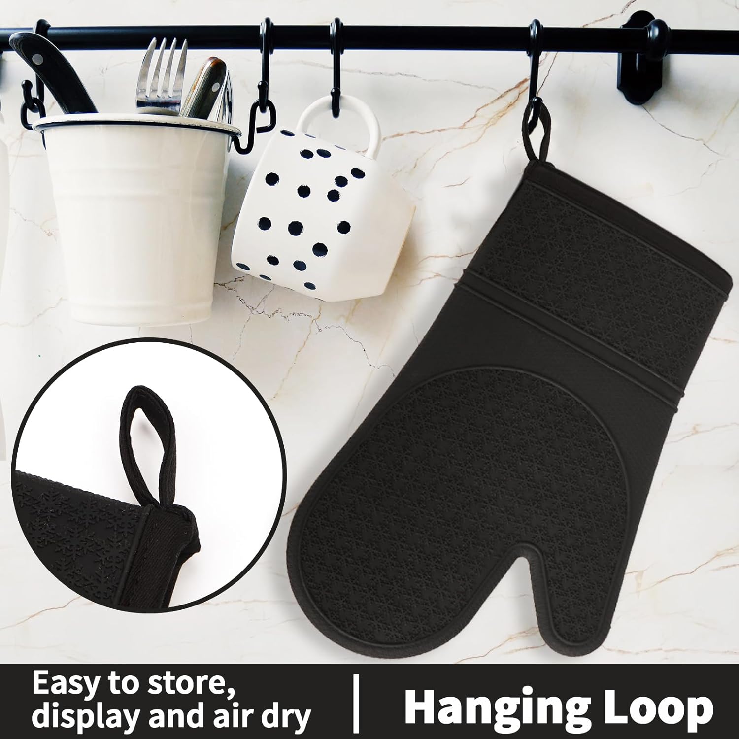 MEETOZ Silicone Oven Mitts, Oven Gloves with Non-Slip silicone- 2PCS Black Oven Mitts Heat Resistant 600 Degree, Soft Lining Silicone Oven Gloves for Cooking Baking Kitchen Mittens - Image 6