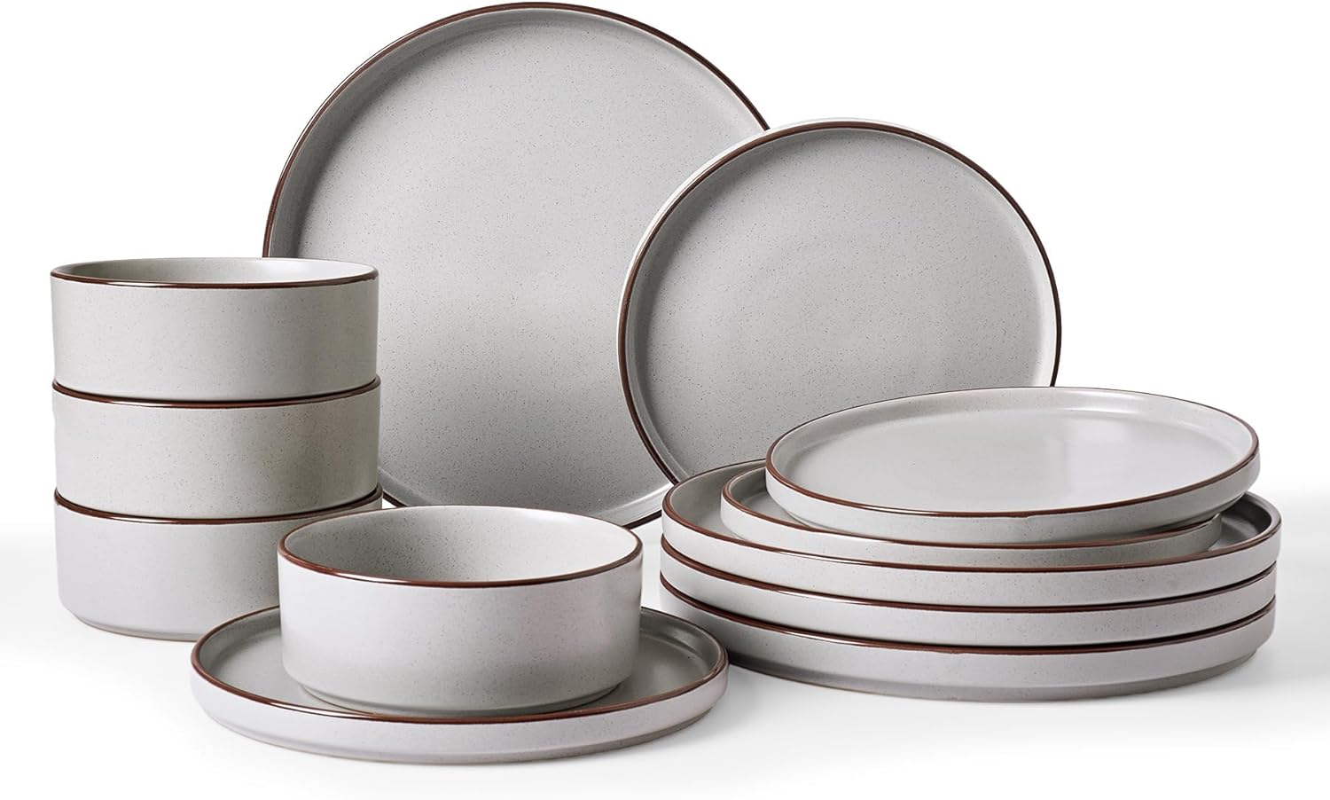 Richmount Halo Plates and Bowls Set, 12 Pieces Dinner Set for 4, Stoneware Dinnerware Sets with Dinner Plates/Salad Plate/Cereal Bowls, Dishwasher & Microwave Safe, Light Gray