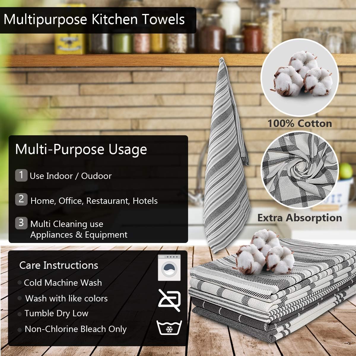 Elfranso Cotton Kitchen Tea Towels - Pack of 5, Absorbent, 70 x 50 cm (Grey) - Image 3