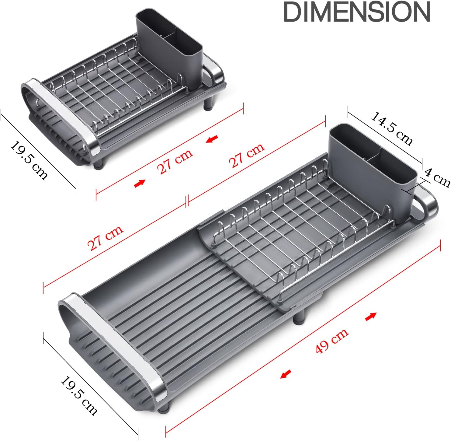 Dish Drainer Rack, Small Dish Drainer, Expandable Dish Rack With Removable Cutlery Holder, Anti Rust Small Drying Rack for Sink, Compact Draining Board Rack For Kitchen Counter, Grey - Image 5
