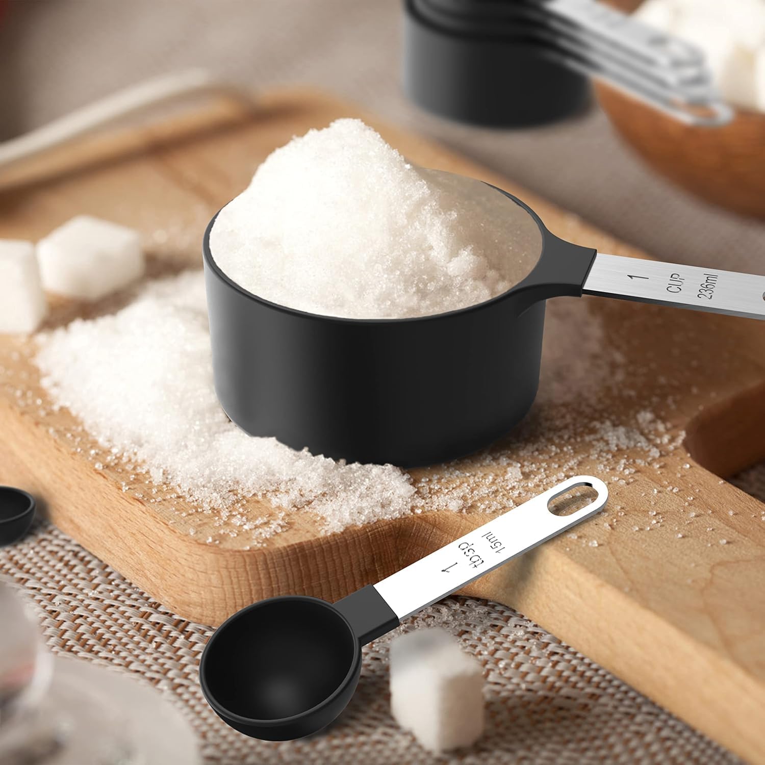 Measuring Cups and Spoons Set of 8 Pieces, Nesting Measuring Cups for Measuring Dry or Liquid Ingredients, Small Teaspoon with Plastic Head for Cooking Kitchen (Black) - Image 3