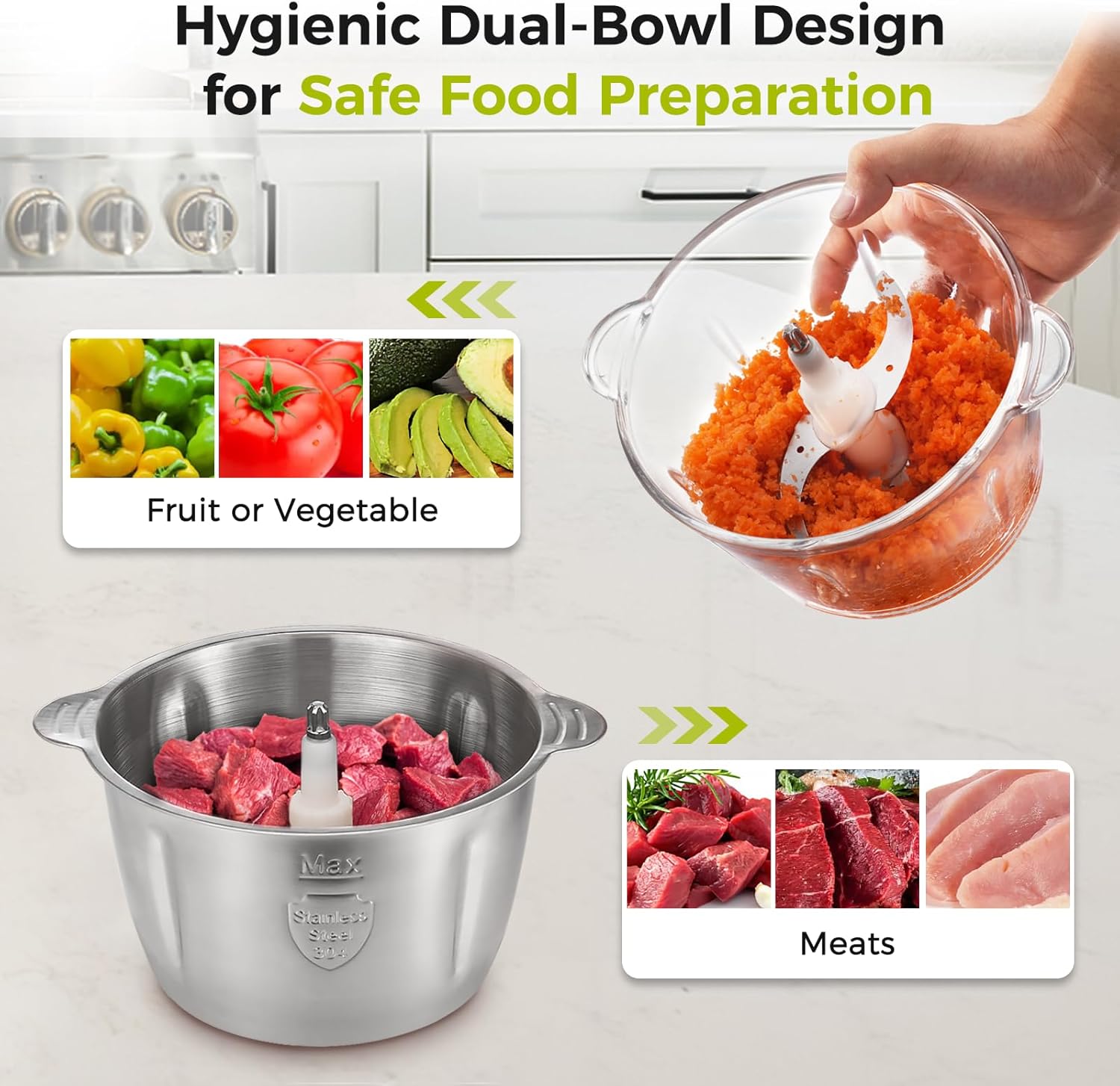 YASHE 1.8L+2L Electric Food Processors & Chopper with Glass and Stainless Steel Bowl,500W Meat Grinder with 2 Speeds, 2 Sets of Blades - Image 4
