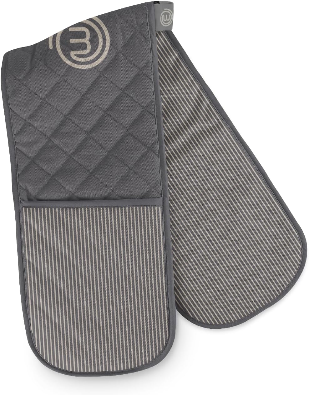 MasterChef Oven Gloves Heat Resistant, Double Oven Gloves Made from Cotton with Official Show Logo & Hanging Loop, Attached Oven Mitts, Machine Washable, Heat Proof Pot Holders for the Kitchen, Earth