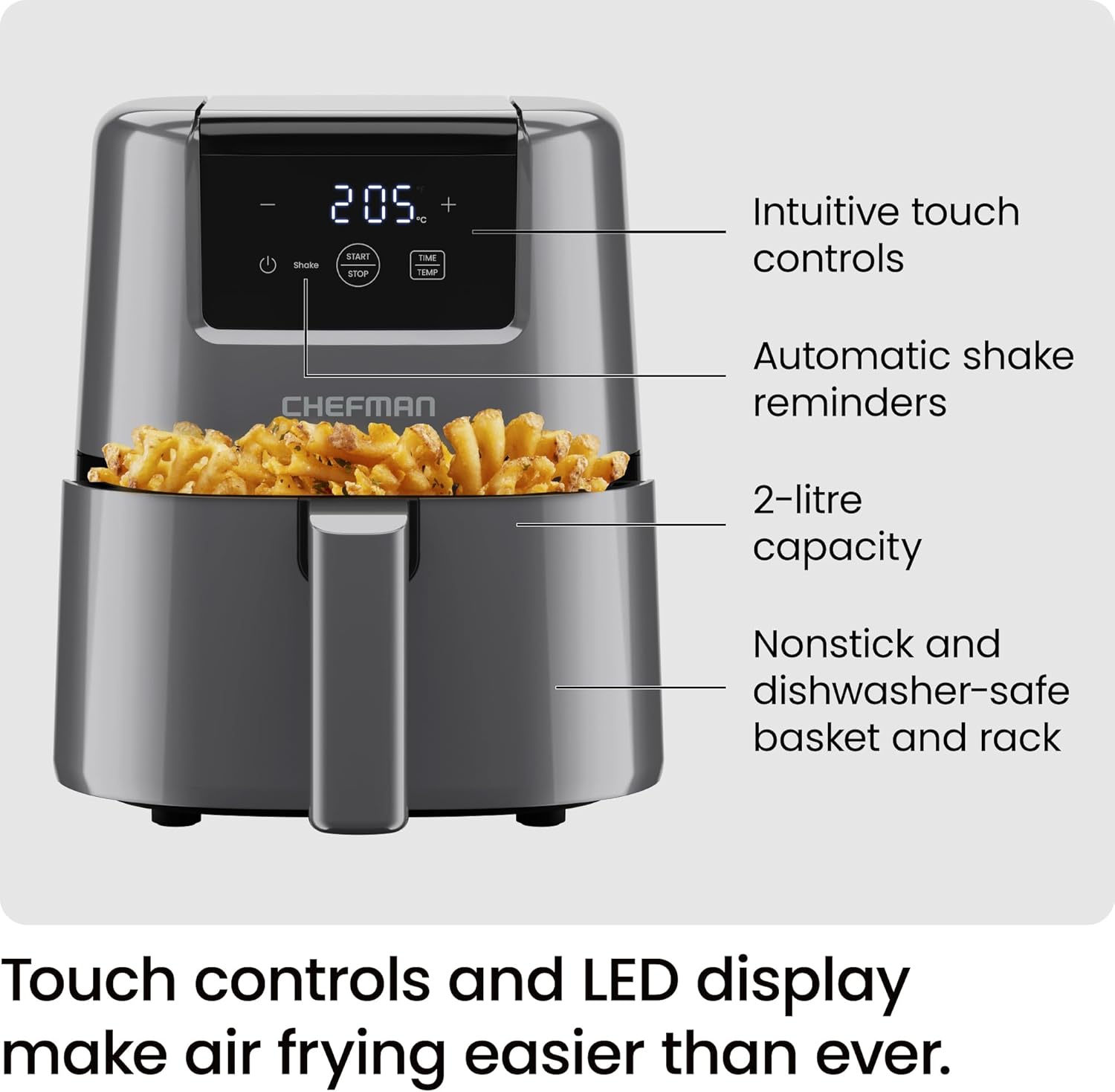 Chefman 2L Mini Air Fryer – Digital Space-Saving Compact Air Fryer with Nonstick and Dishwasher Safe Basket, Quick & Easy Meals in Minutes, Features Digital Timer and Shake Reminder – Grey - Image 3