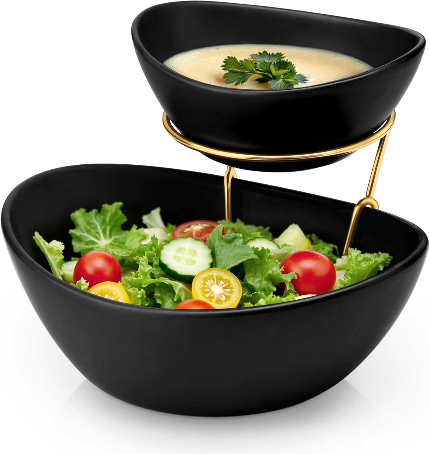 MALACASA 2 Tier Chip and Dip Serving Set with Metal Stand,Ceramic Appetizer Bowls for Party, Multi-Use Food Display for Fruits, Snacks, Black Elegant Tiered Serving Dishes for Party