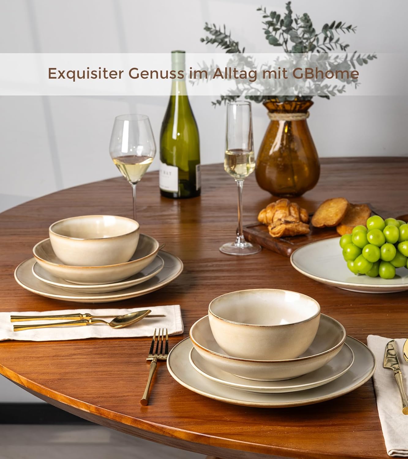 GBHOME Ceramic Dinnerware Sets for 6, 24 Pieces Handpainted Plates and Bowls Set, Scratch Resistant Stoneware Dishes Set, Dishwasher & Microwave Safe, Cappuccino - Image 5