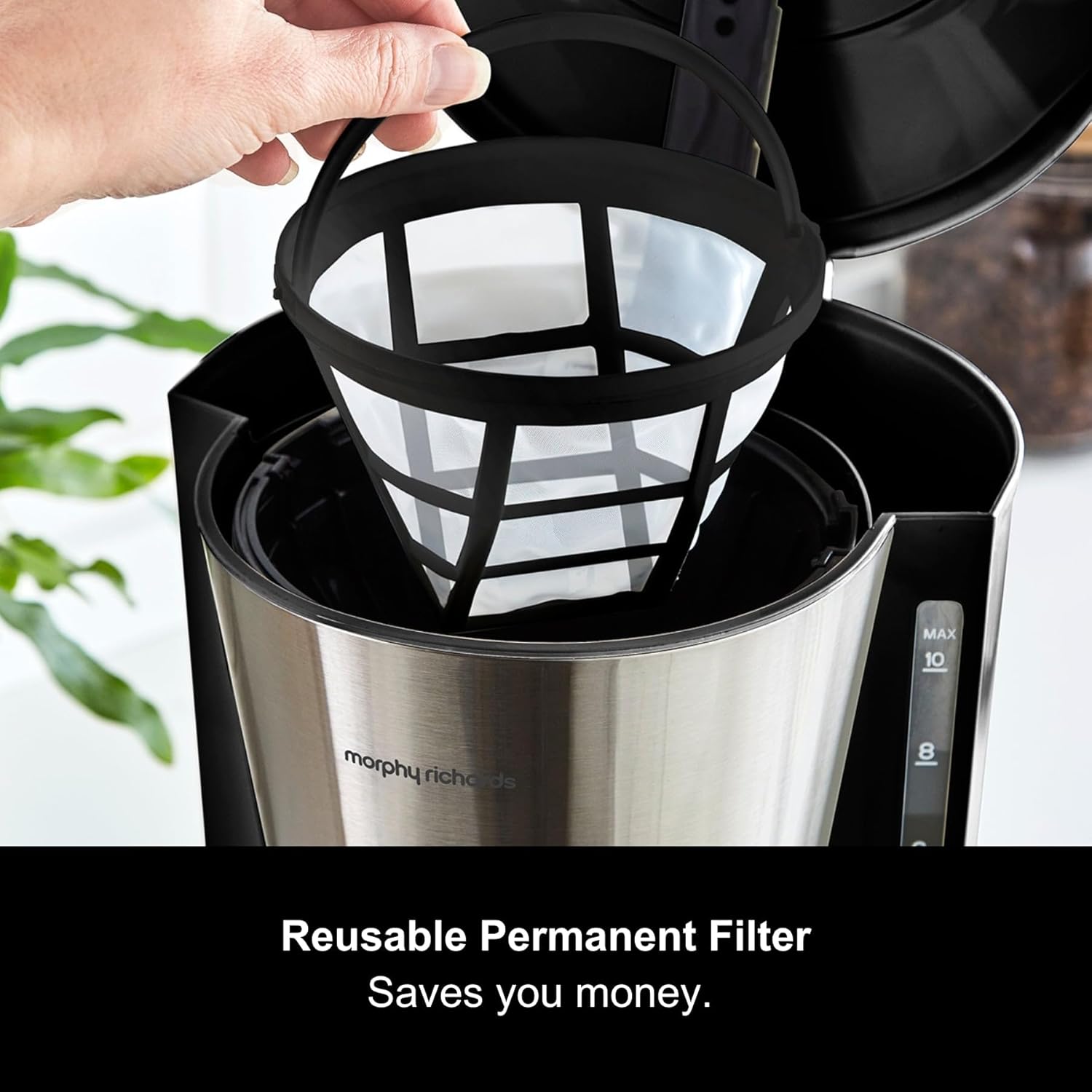 Morphy Richards Equip Filter Coffee Machine, Coffee Maker for Instant Coffee, Pour Over Technology, 10 Cup, Anti Drip, Reusable Filter, Keep Warm, Aroma Blender, Black/Brushed Steel, 162501 - Image 4