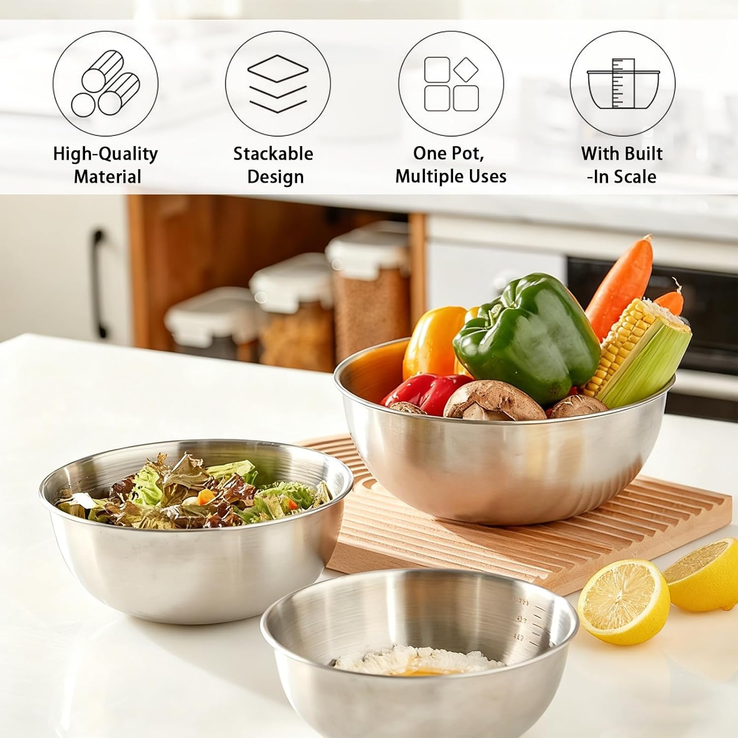Stainless Steel Mixing Bowls Set,3 Pcs (23cm/20cm/17cm),Duty One-Piece Construction,Non-Slip Bottom,Brushed Finish,Ideal as Mixing Bowls for Baking,Dough Kneading,Salad & Food Prep - Image 3