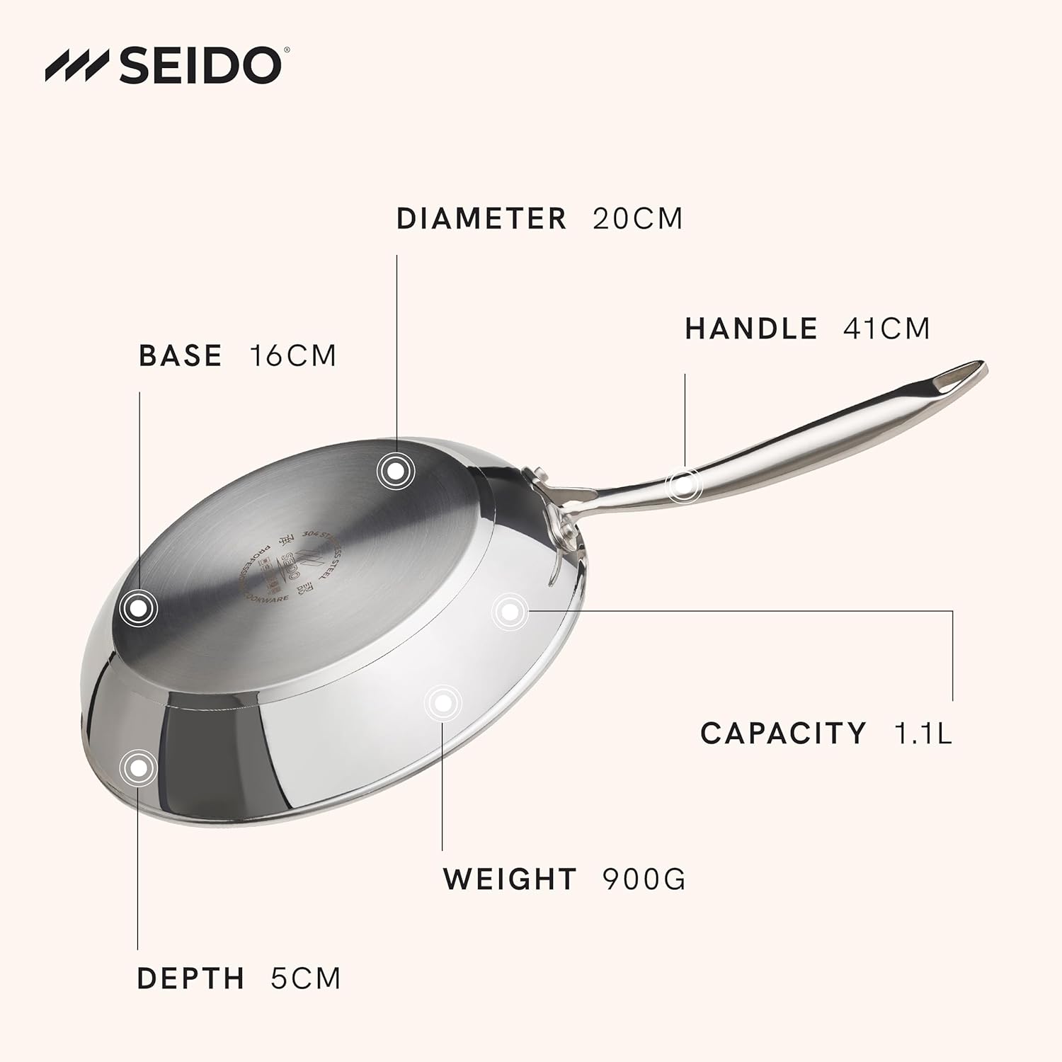 SEIDO Stainless Steel Frying Pan 20 cm - Induction Uncoated -Non-Toxic- Triply cookware PFOA PFAS -Free Dishwasher & Oven Safe 260c°-New ThermoCore 5ply Base Saute Fry pan -5Y Warranty 18/10 - Image 5