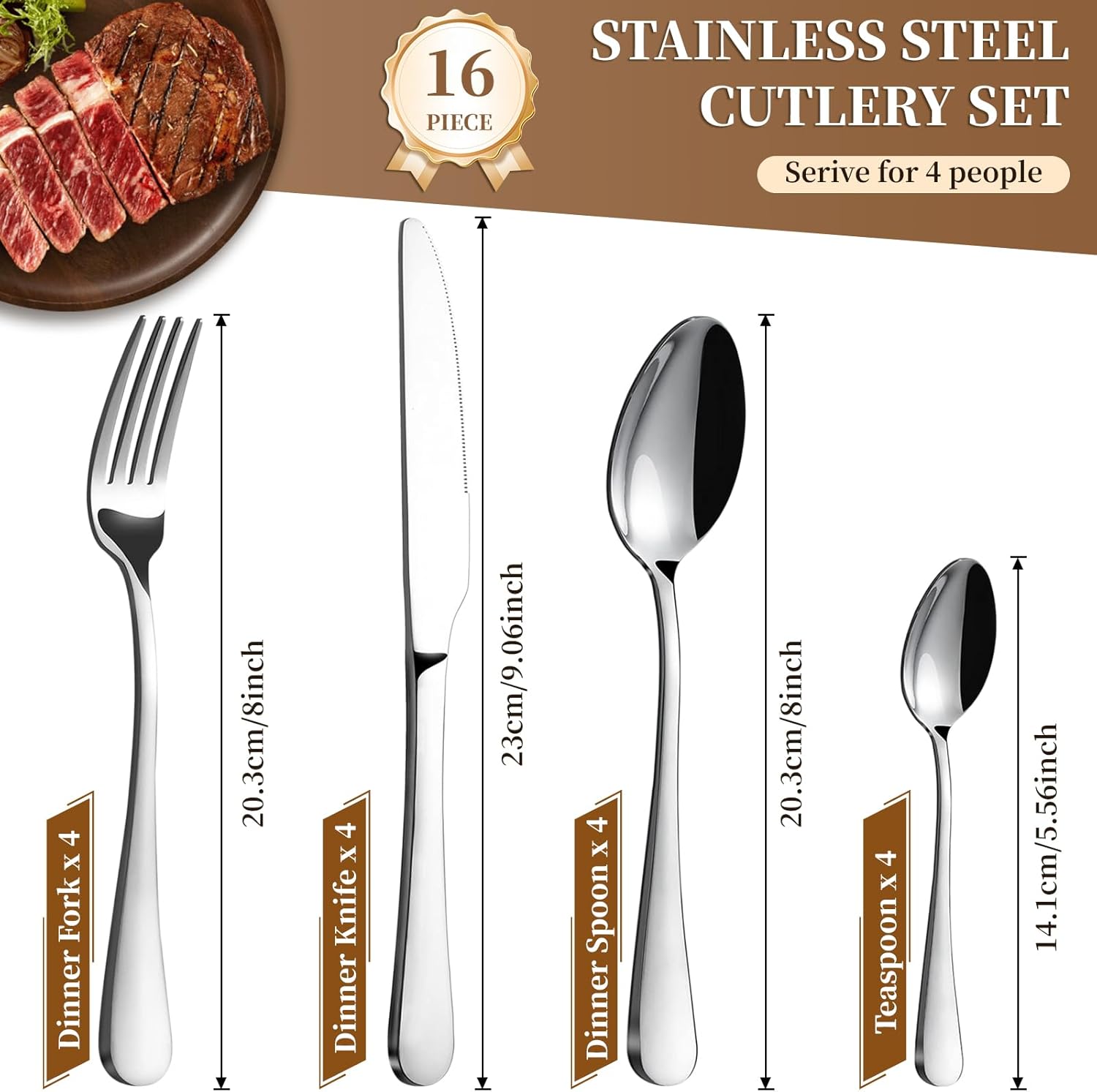 Cutlery Set, BEWOS 16 Piece Stainless Steel Flatware Set, Tableware Silverware Set with Spoon Knife and Fork Set, Service for 4, Dishwasher Safe/Easy Clean, Mirror Polished - Image 2
