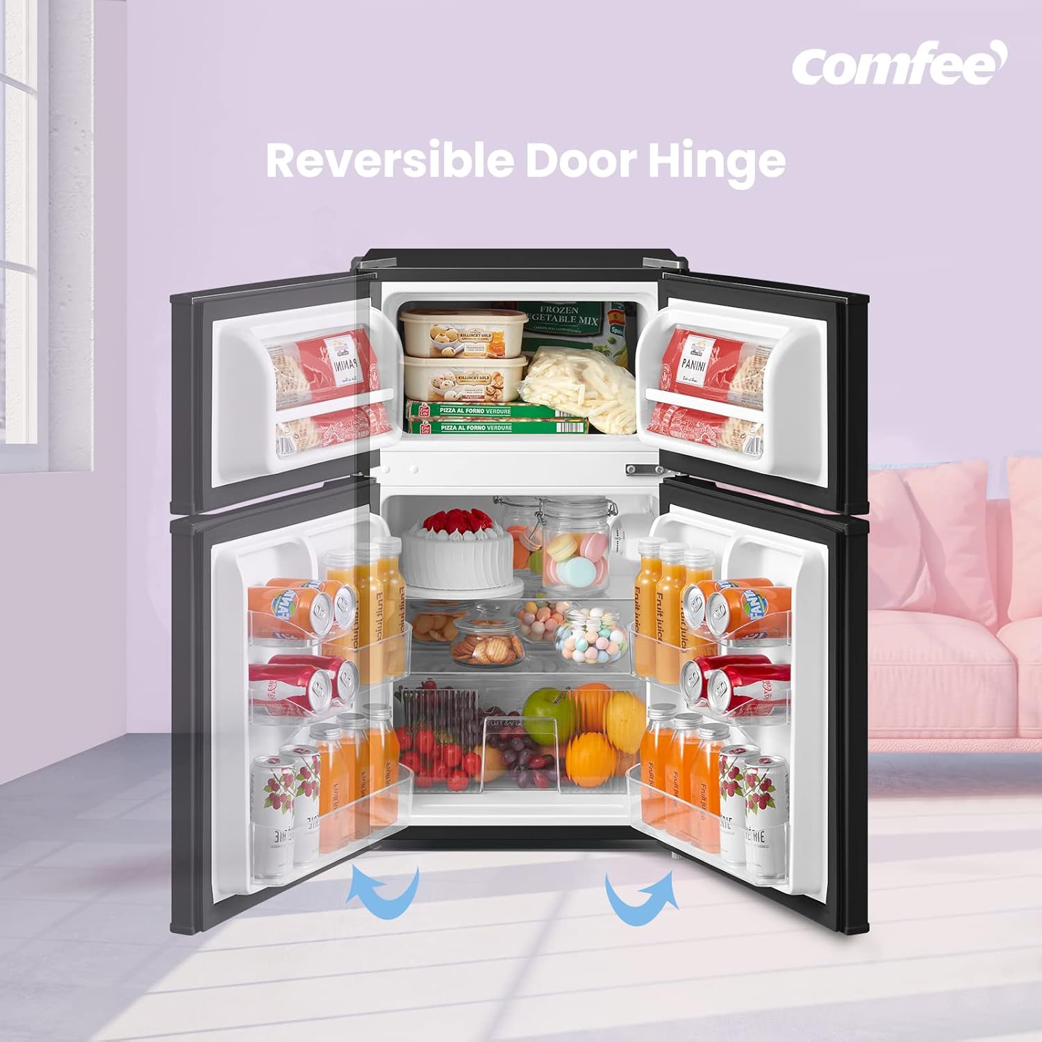 COMFEE' RCT87BL2(E) Under Counter Fridge Freezer, 87L Double Door Small Fridge Freezer with Light, Removable Shelves, Adjustable Thermostats, Reversible Doors Black - Image 4