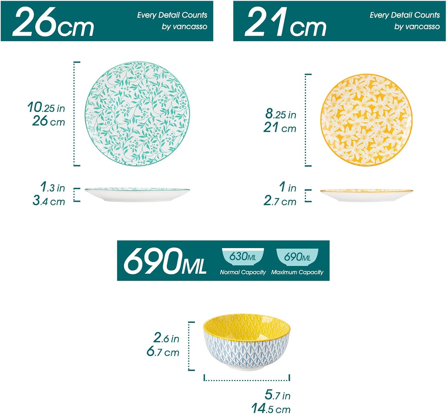 vancasso Selene Colorful Floral Porcelain Dinner Set for 6, 18 Pieces Stackable Plates and Bowls Set, Includes Dinner Plates/Dessert Plates/Cereal Bowls, Microwave & Dishwasher Safe for Everyday Use - Image 3