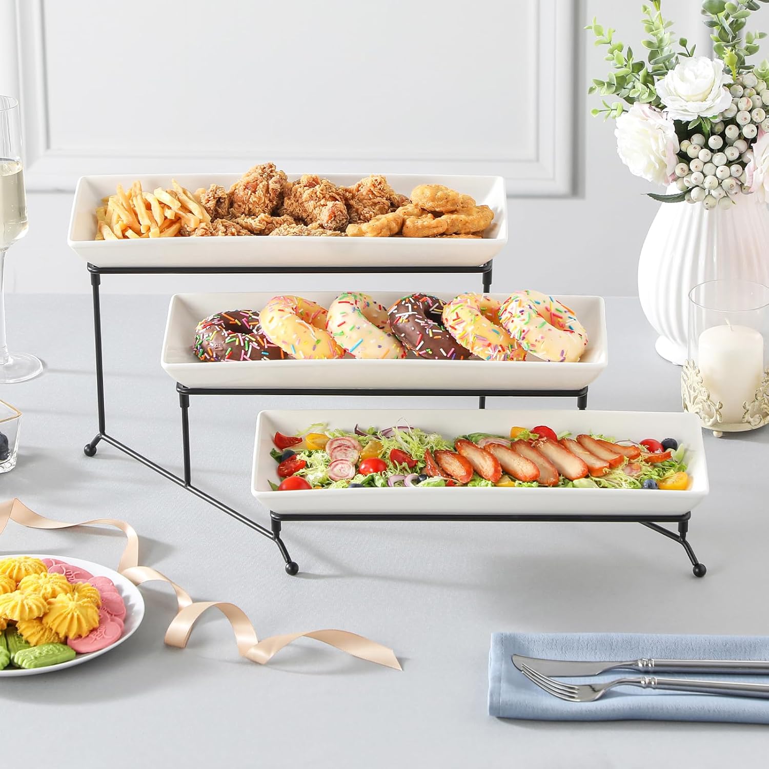 MALACASA 3 Tier Serving Platter, 14 Inch Porcelain Cake Stand with Black Mental Display Stand for Party Supplies, Ceramics Rectangular Serving Dishes for Dessert, Fruit, Cookies, Sushi, White - Image 7